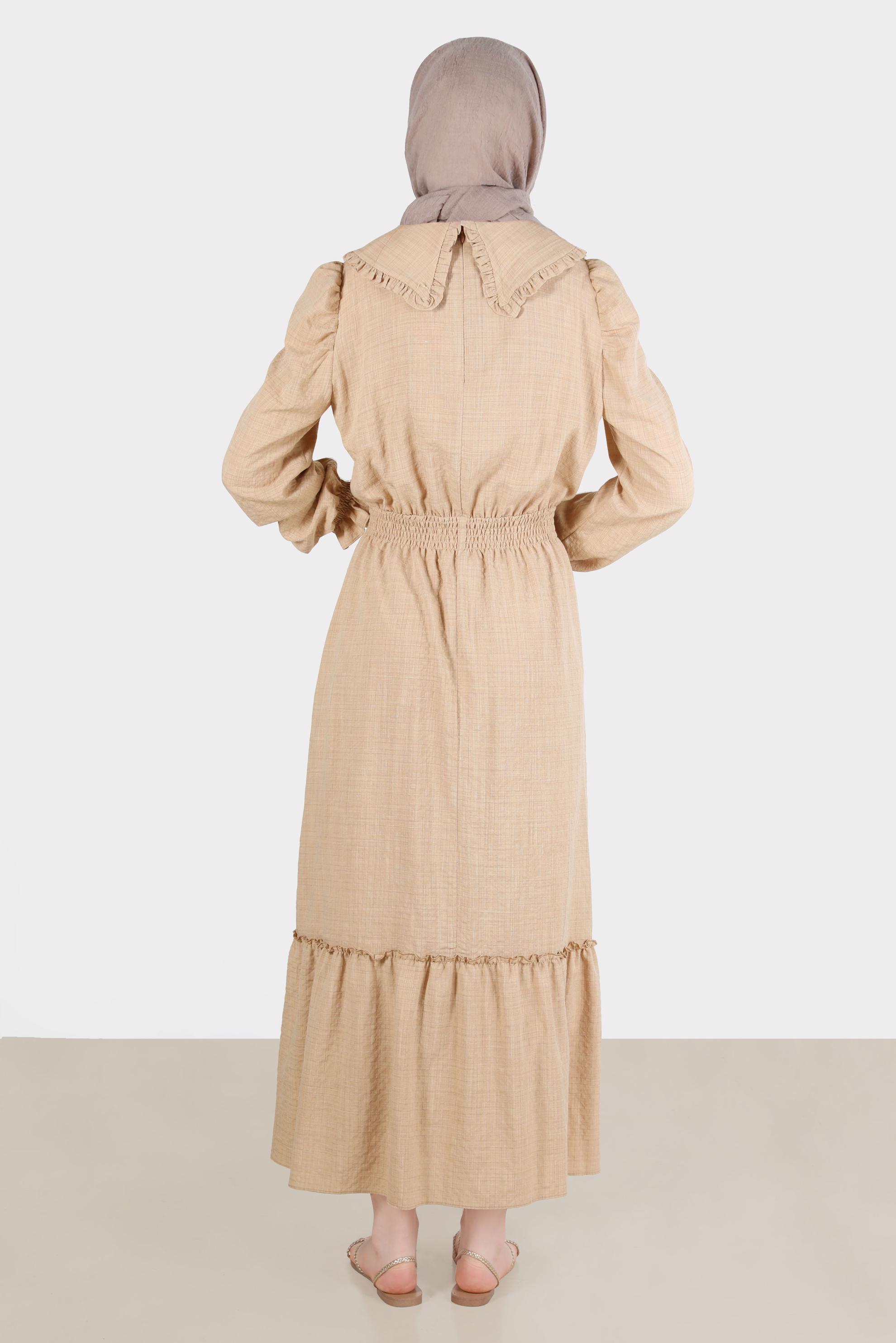 Tesettür giyim KAHVE BEBE YAKA GOFRE ELBİSE 42692 