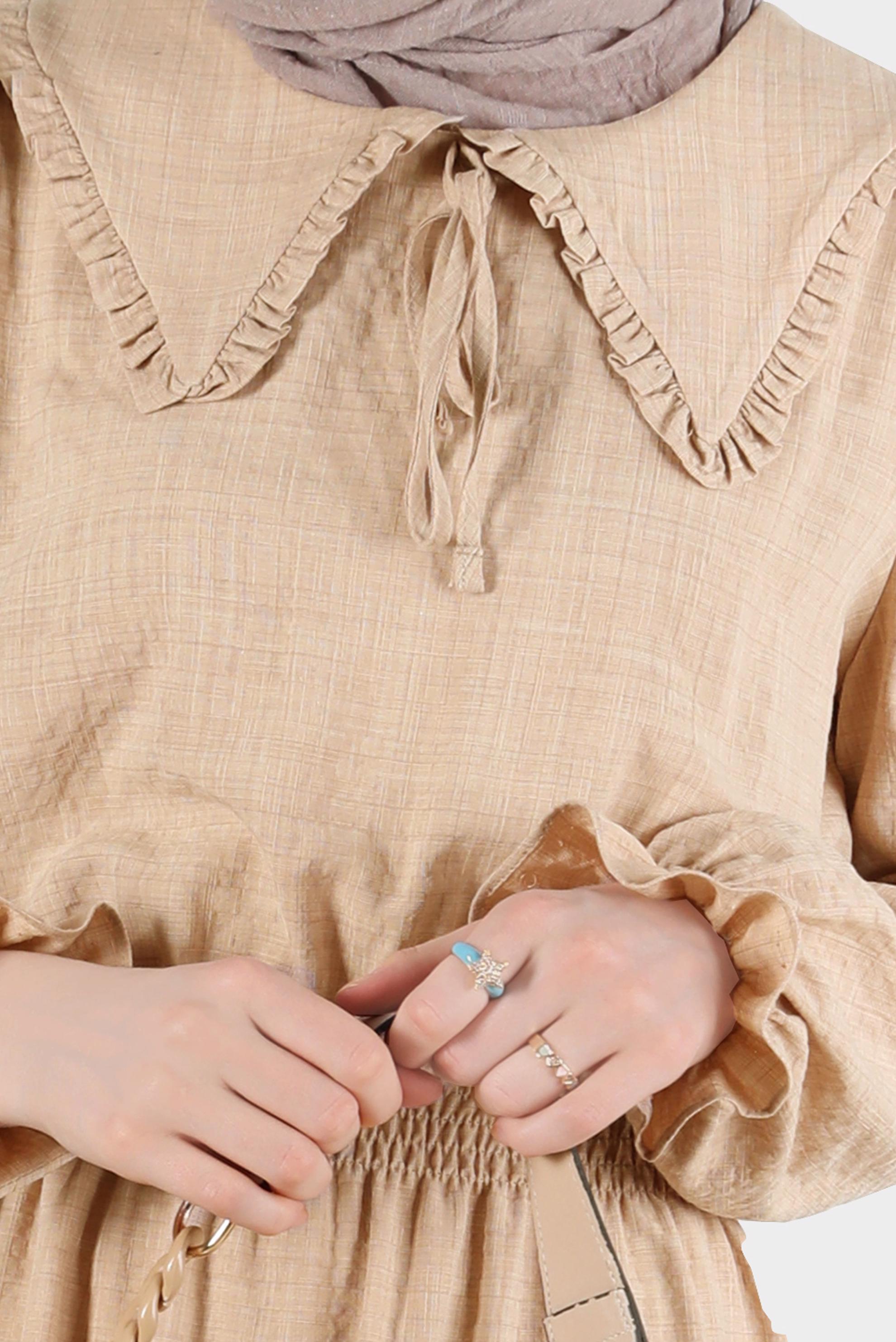 Tesettür giyim KAHVE BEBE YAKA GOFRE ELBİSE 42692 