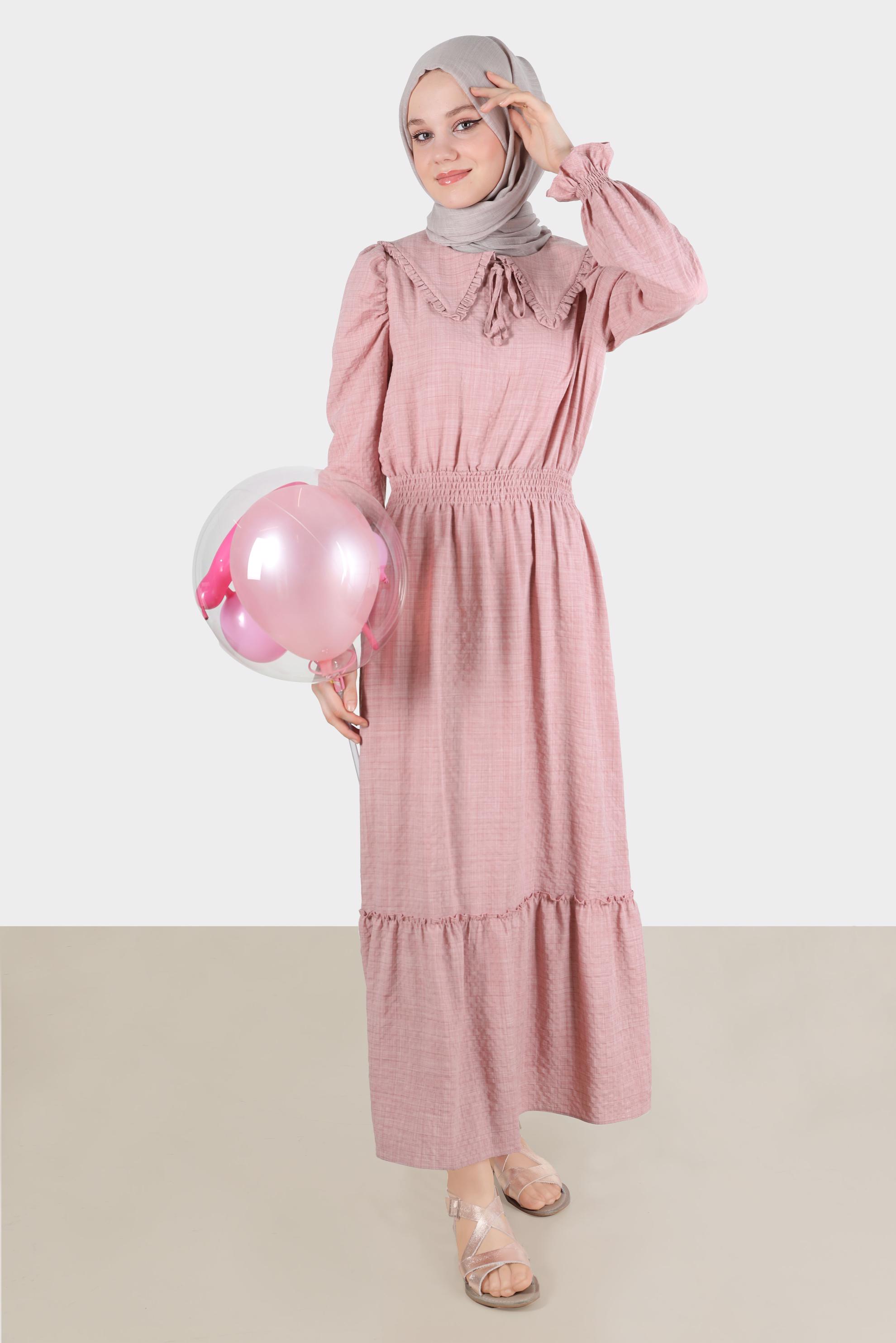 Tesettür giyim PUDRA BEBE YAKA GOFRE ELBİSE 42692 