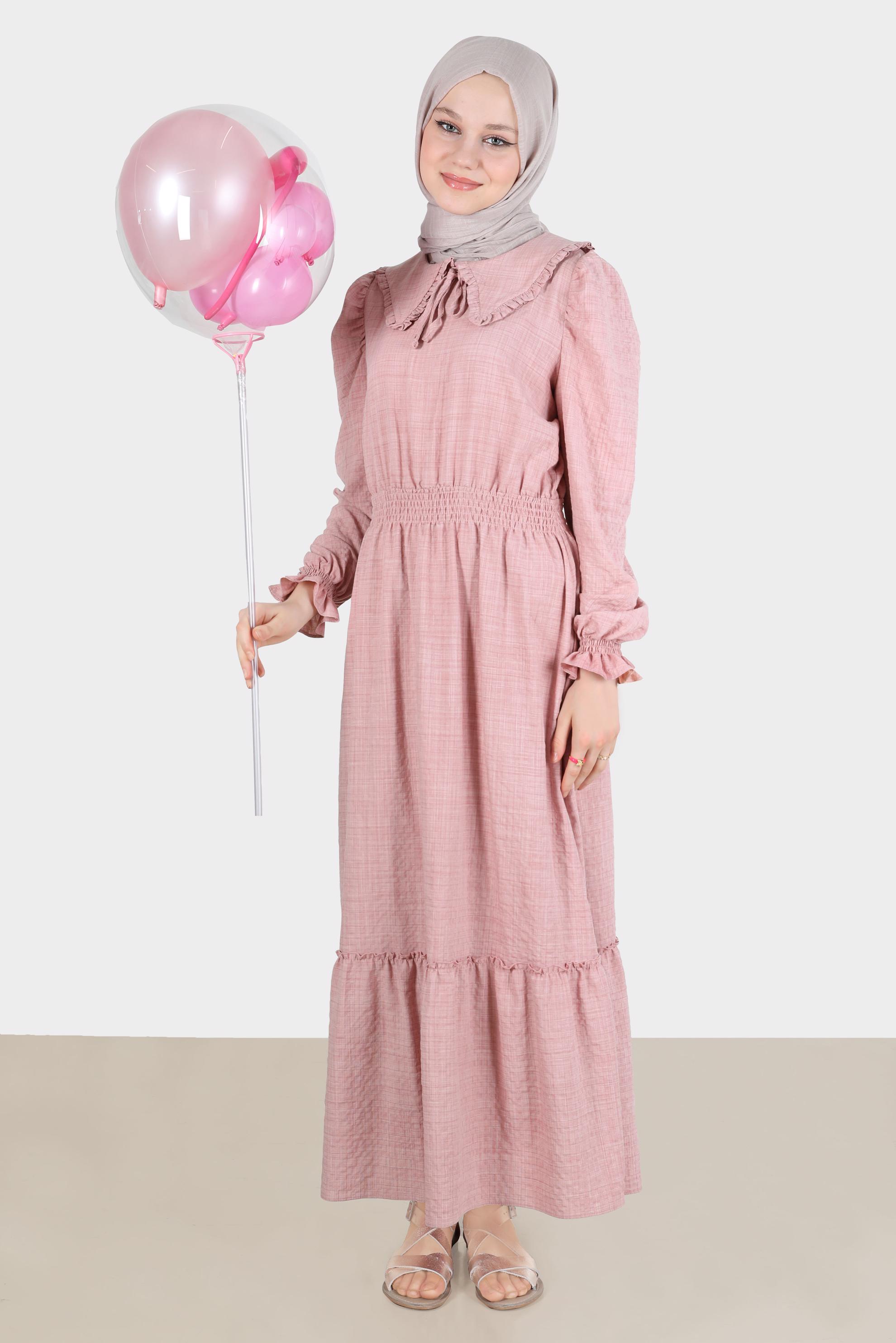 Tesettür giyim PUDRA BEBE YAKA GOFRE ELBİSE 42692 