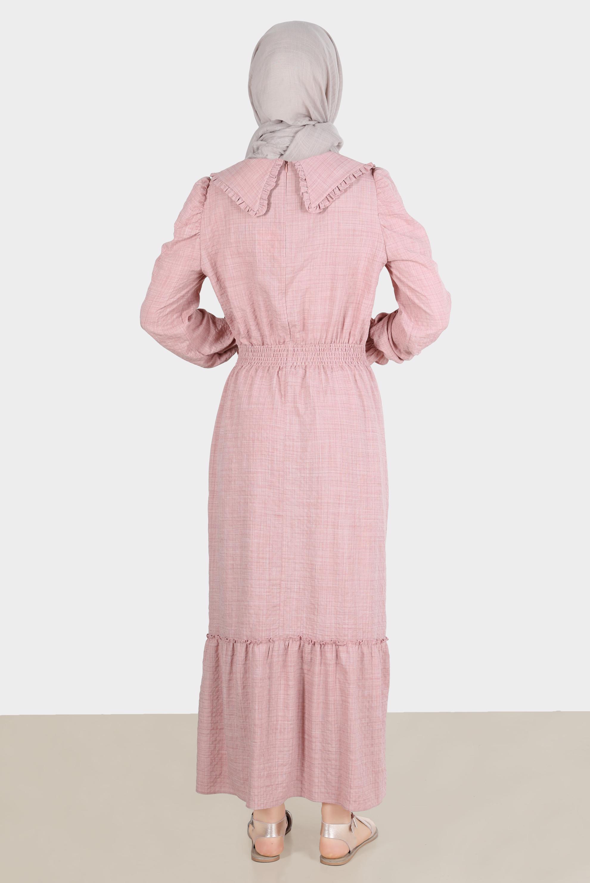 Tesettür giyim PUDRA BEBE YAKA GOFRE ELBİSE 42692 