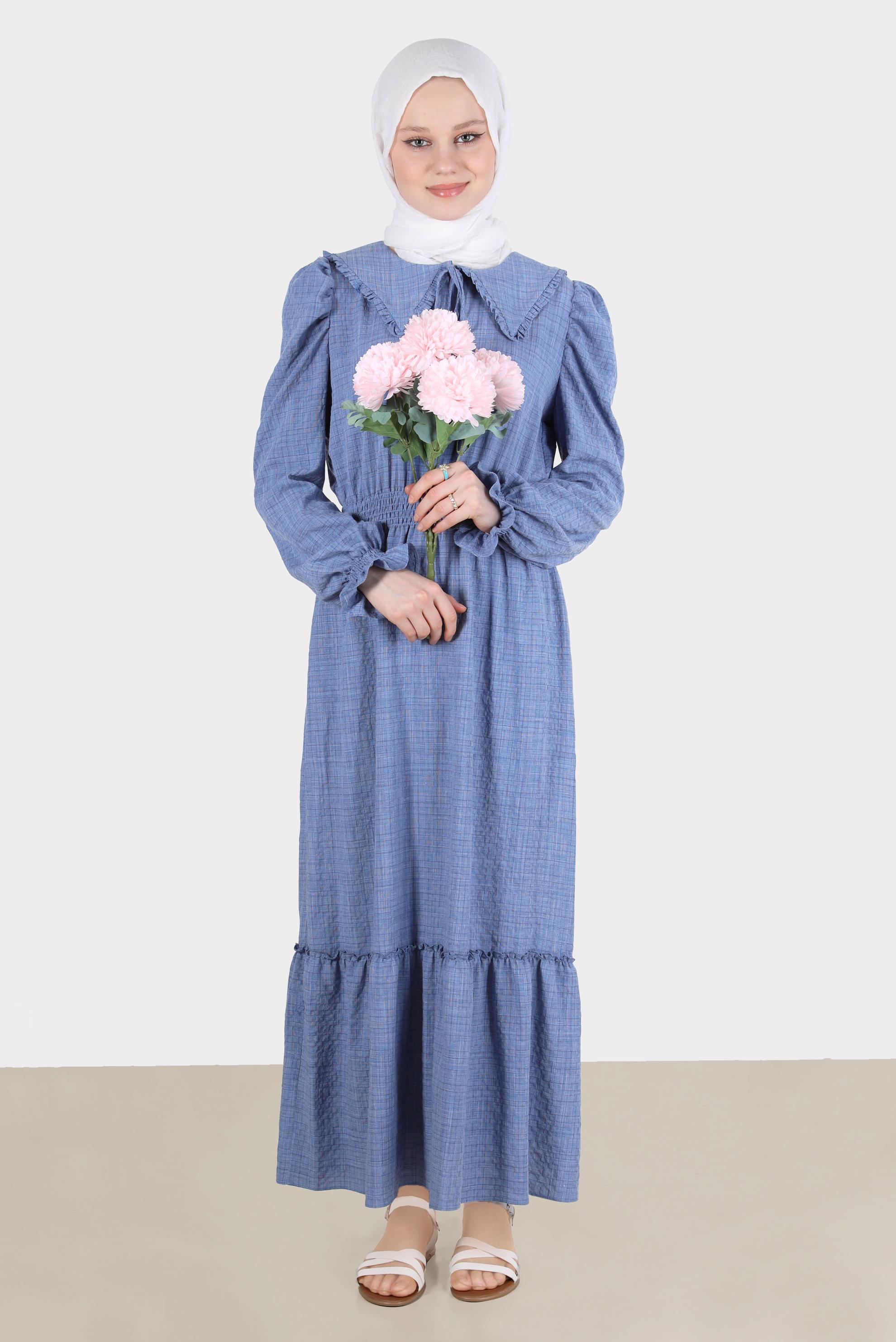 Tesettür giyim LACİVERT BEBE YAKA GOFRE ELBİSE 42692 