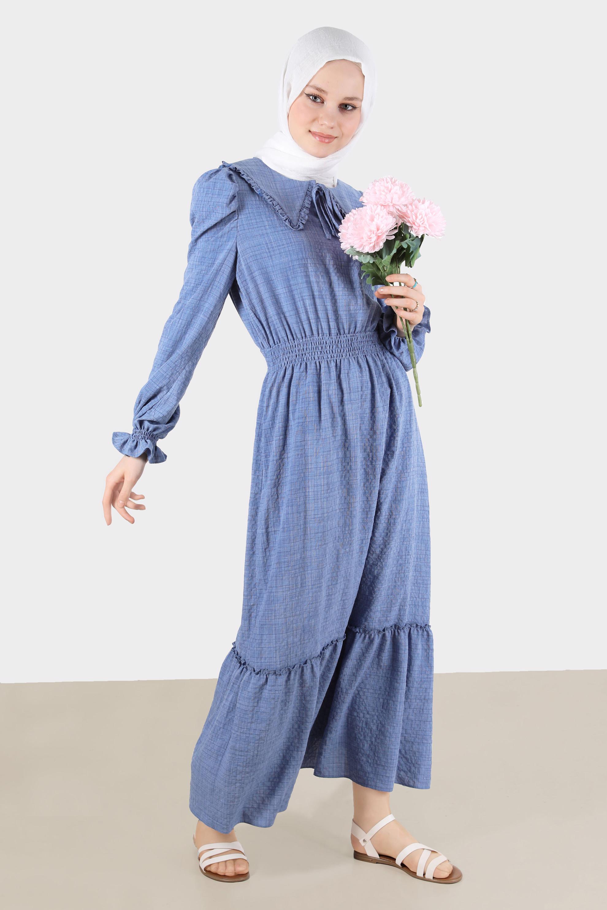 Tesettür giyim LACİVERT BEBE YAKA GOFRE ELBİSE 42692 