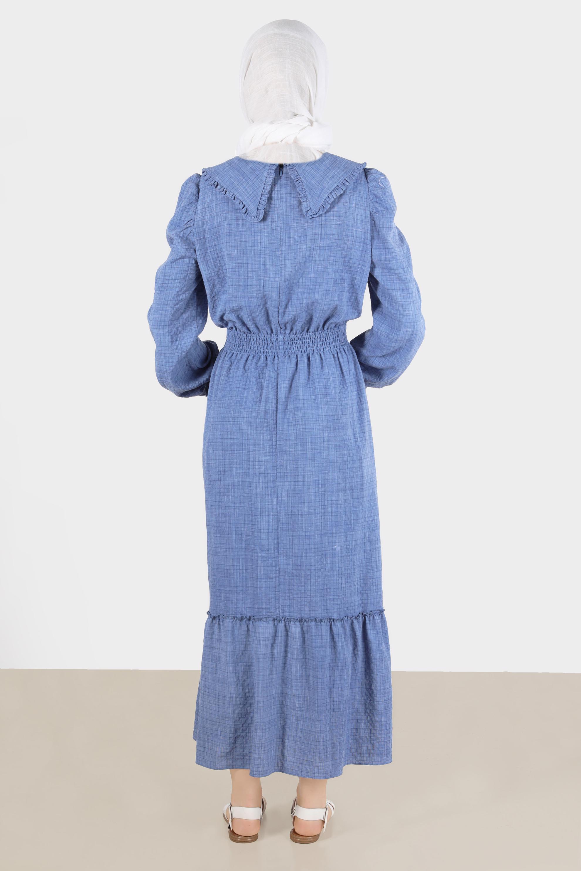 Tesettür giyim LACİVERT BEBE YAKA GOFRE ELBİSE 42692 