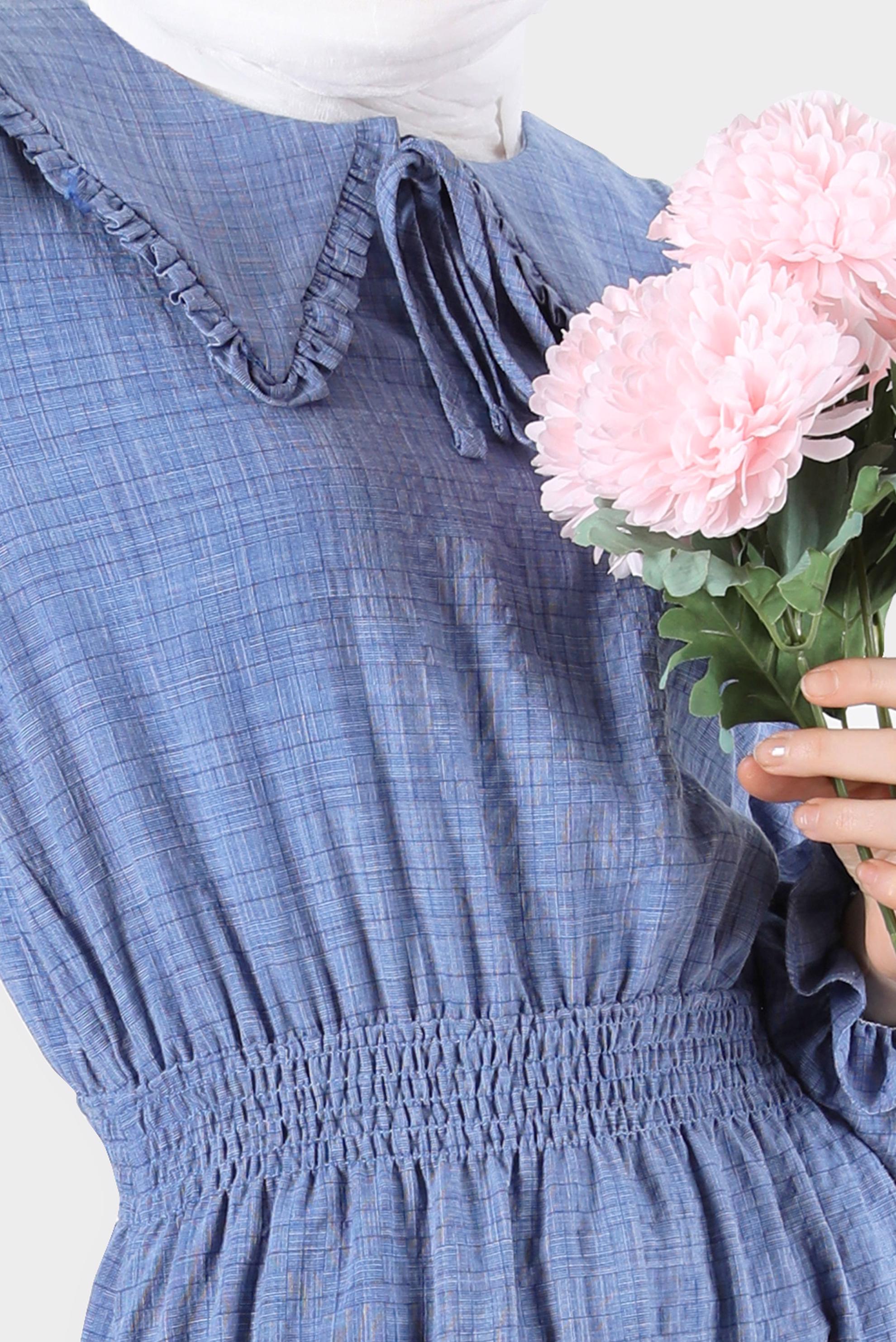 Tesettür giyim LACİVERT BEBE YAKA GOFRE ELBİSE 42692 