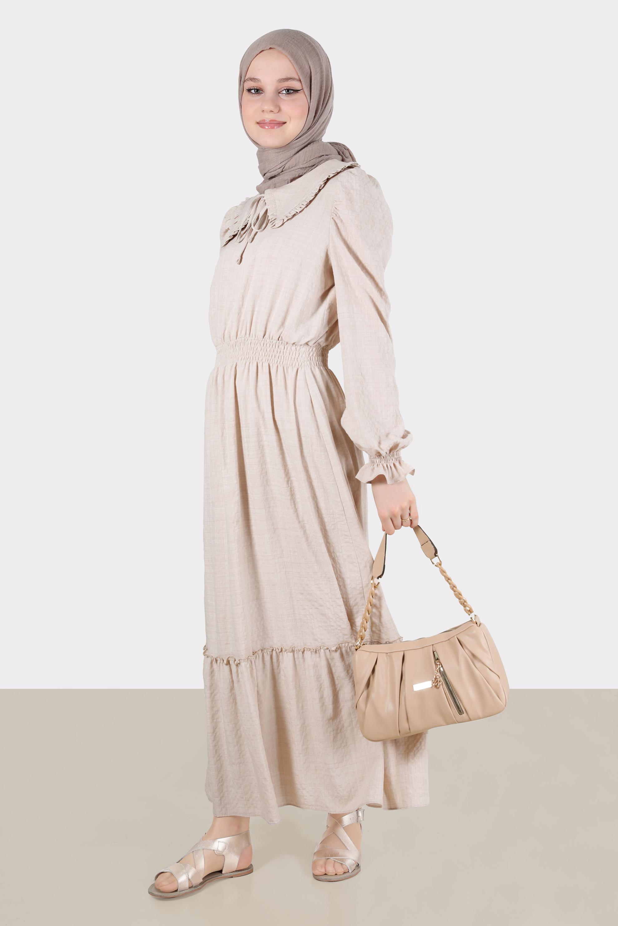 Tesettür giyim BEJ BEBE YAKA GOFRE ELBİSE 42692 