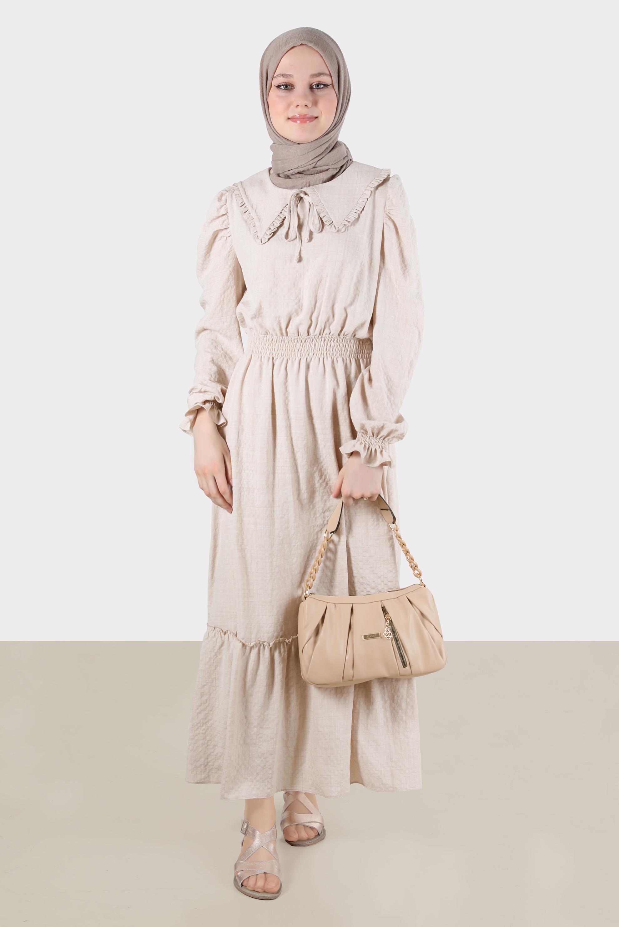 Tesettür giyim BEJ BEBE YAKA GOFRE ELBİSE 42692 