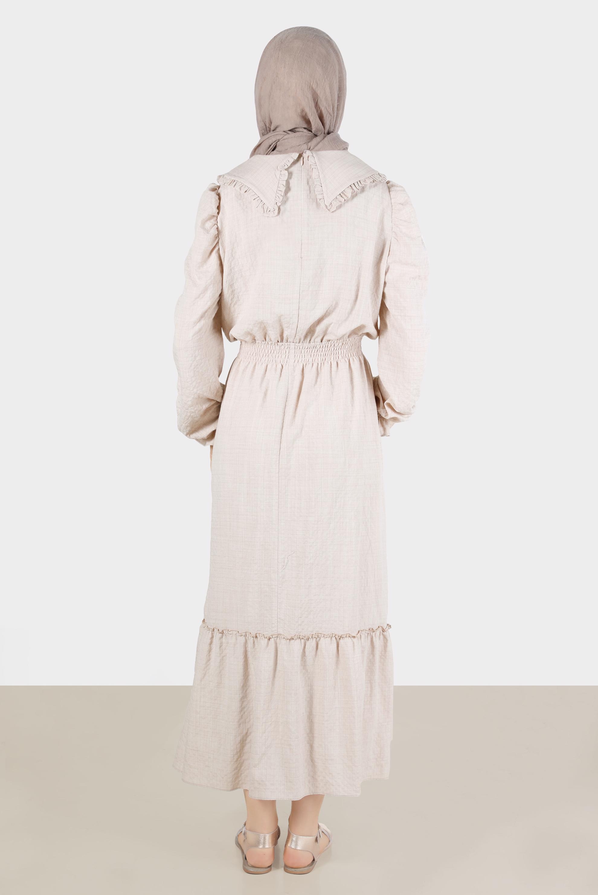 Tesettür giyim BEJ BEBE YAKA GOFRE ELBİSE 42692 