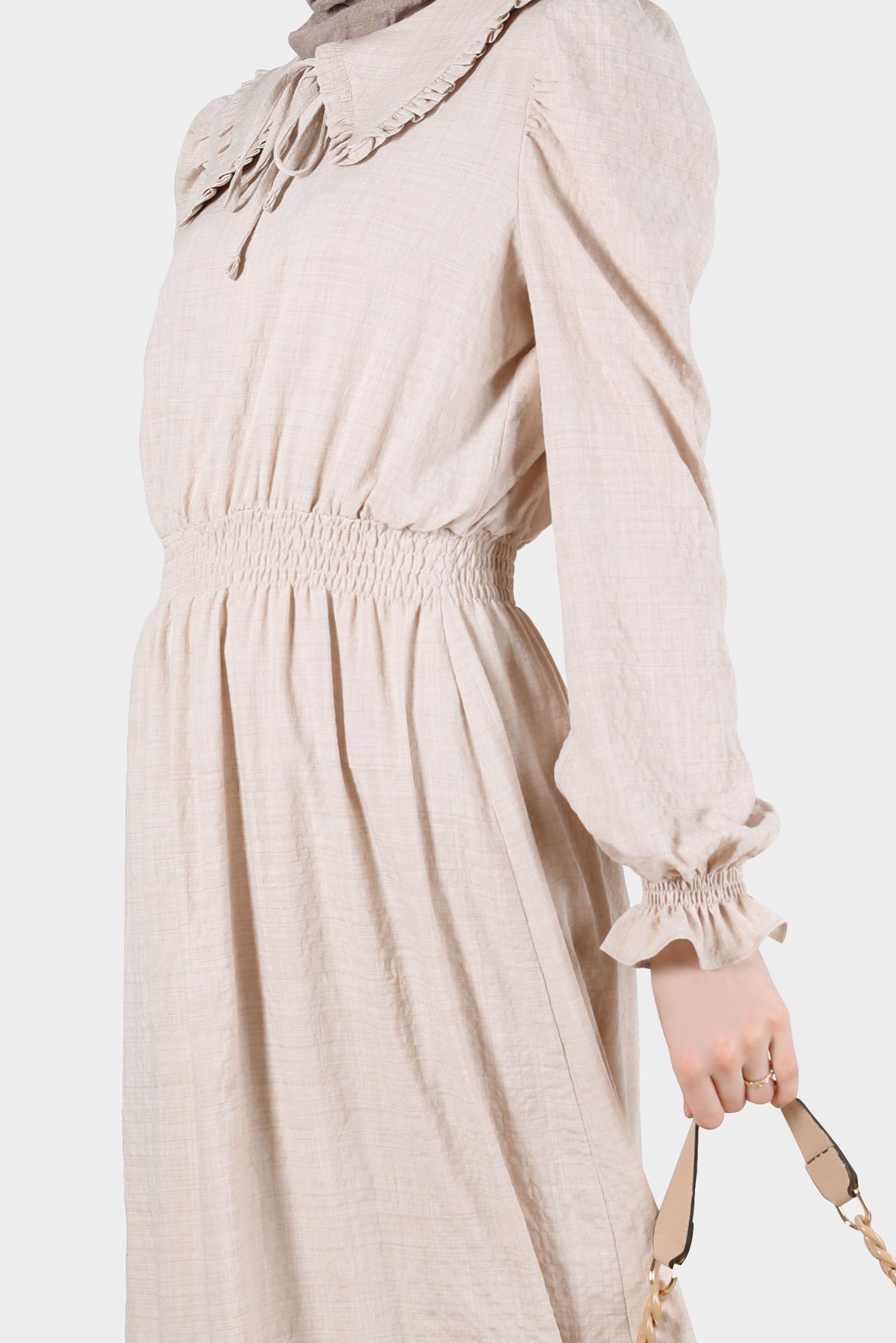 Tesettür giyim BEJ BEBE YAKA GOFRE ELBİSE 42692 