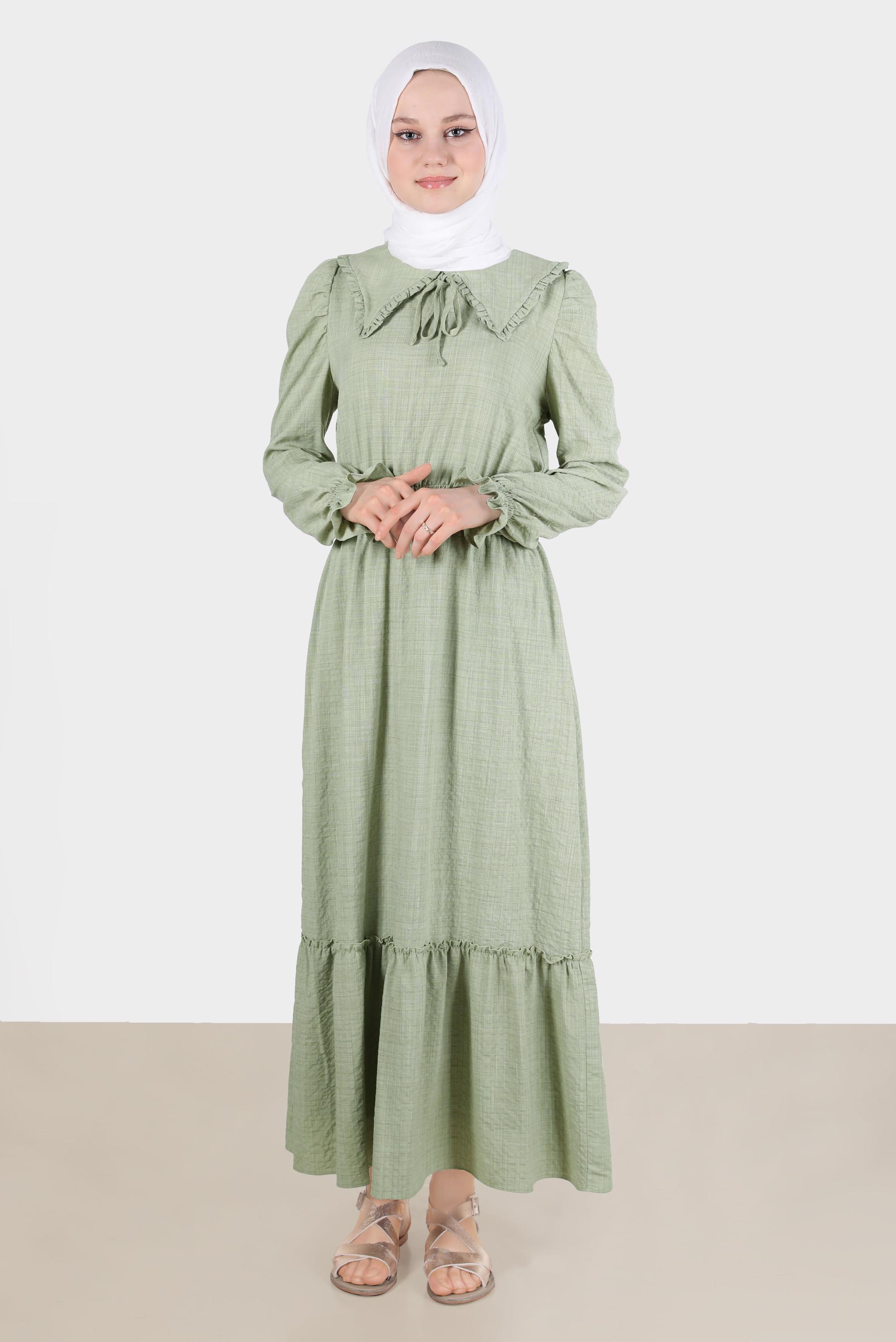 Tesettür giyim YEŞİL BEBE YAKA GOFRE ELBİSE 42692 