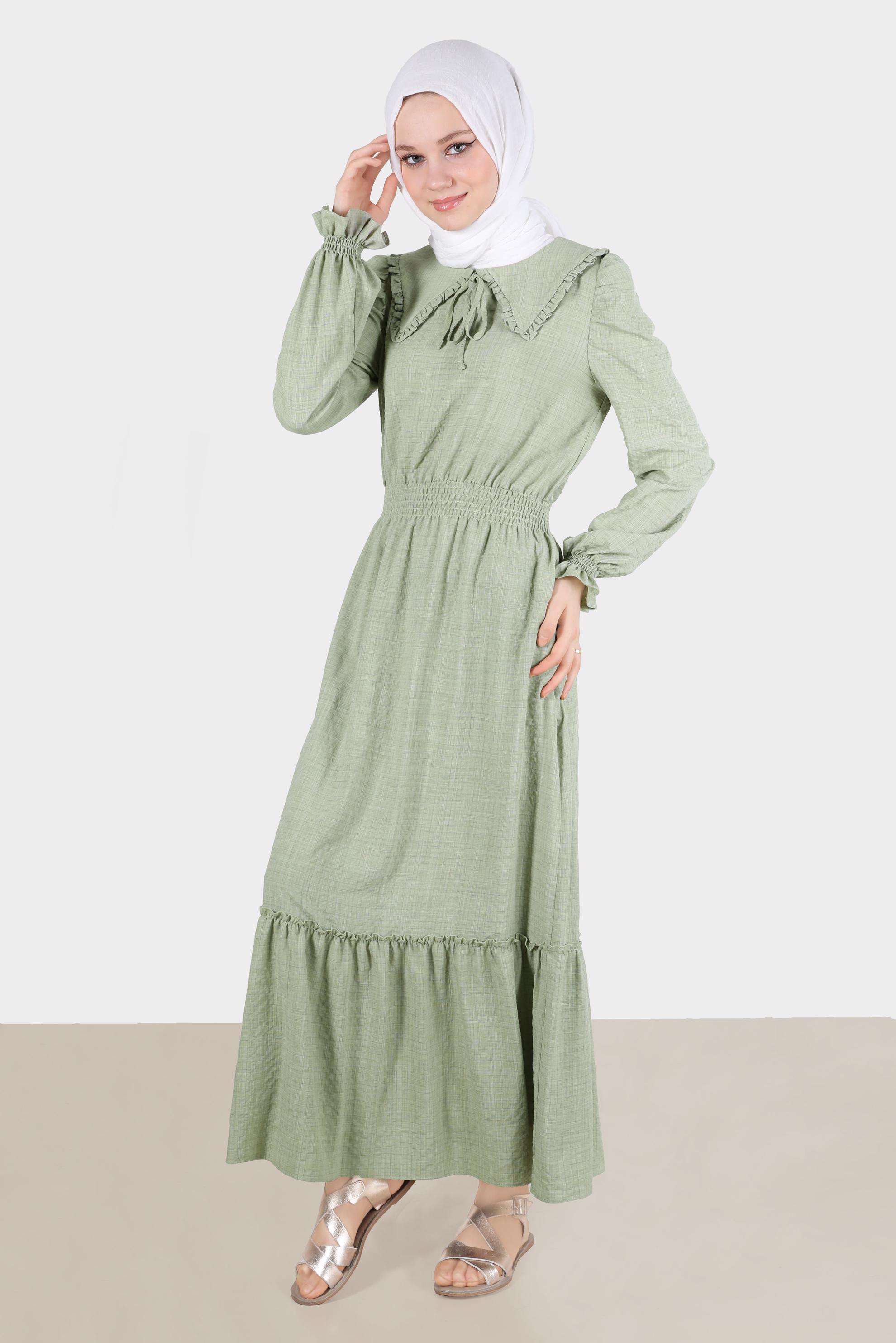Tesettür giyim YEŞİL BEBE YAKA GOFRE ELBİSE 42692 