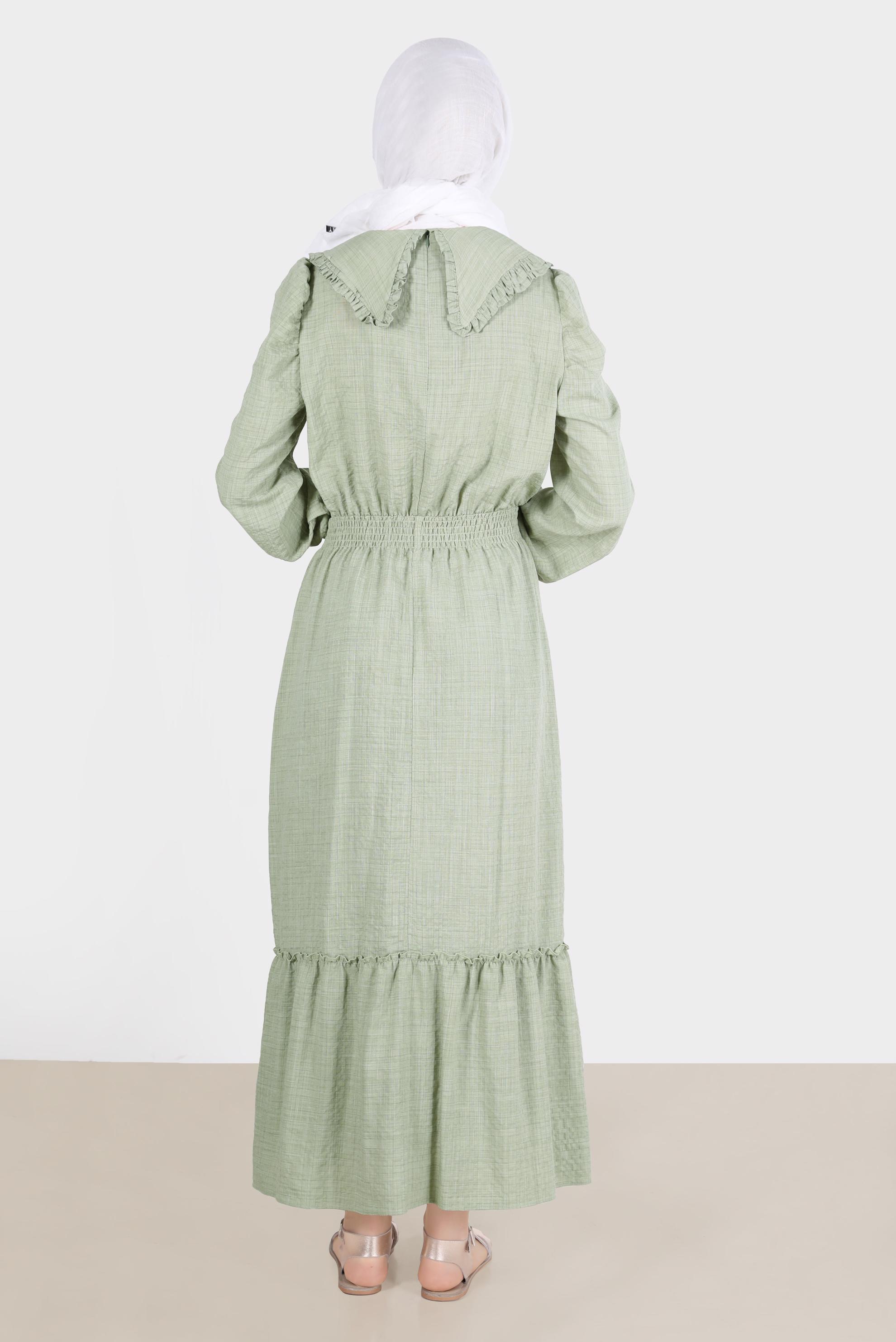 Tesettür giyim YEŞİL BEBE YAKA GOFRE ELBİSE 42692 