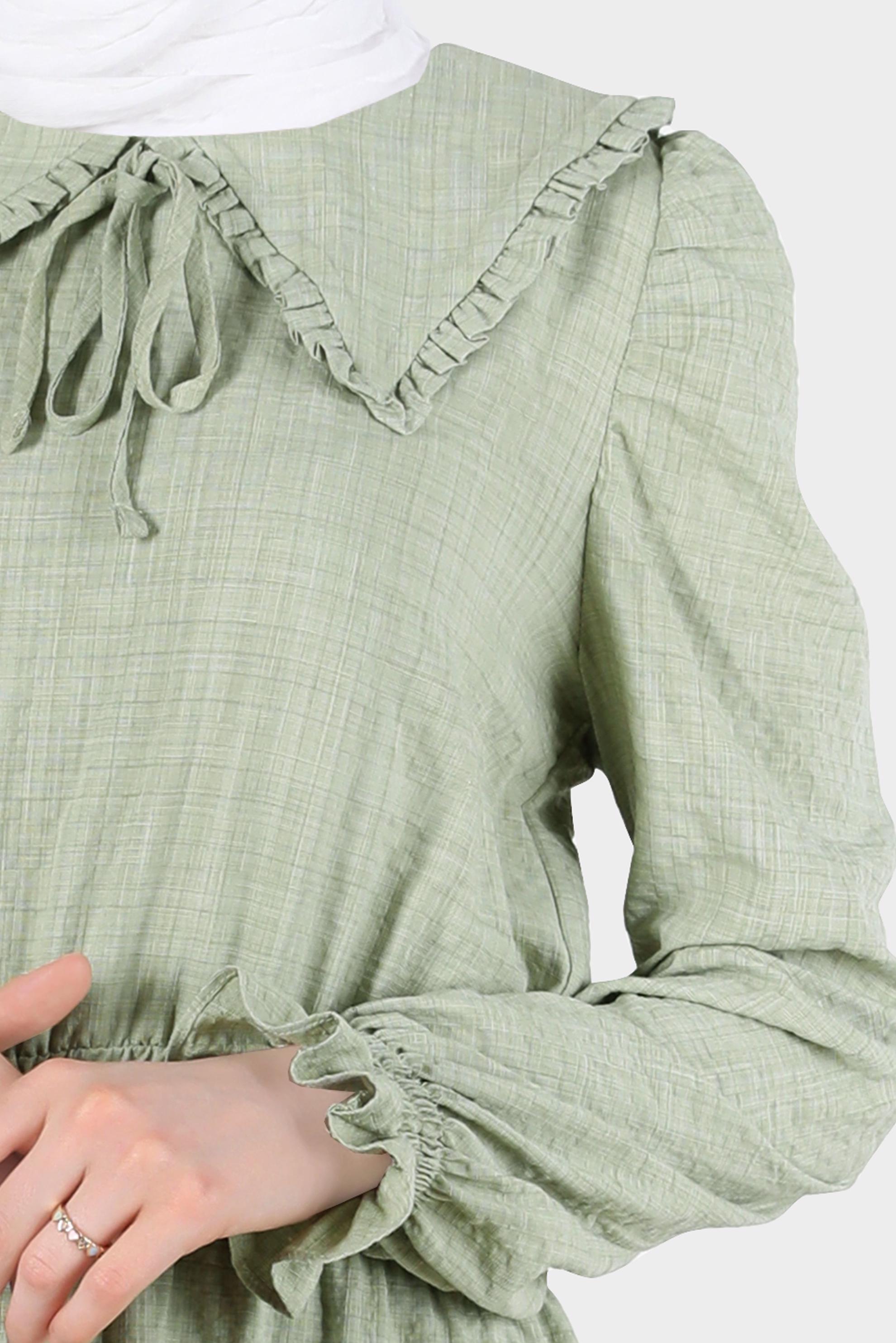 Tesettür giyim YEŞİL BEBE YAKA GOFRE ELBİSE 42692 