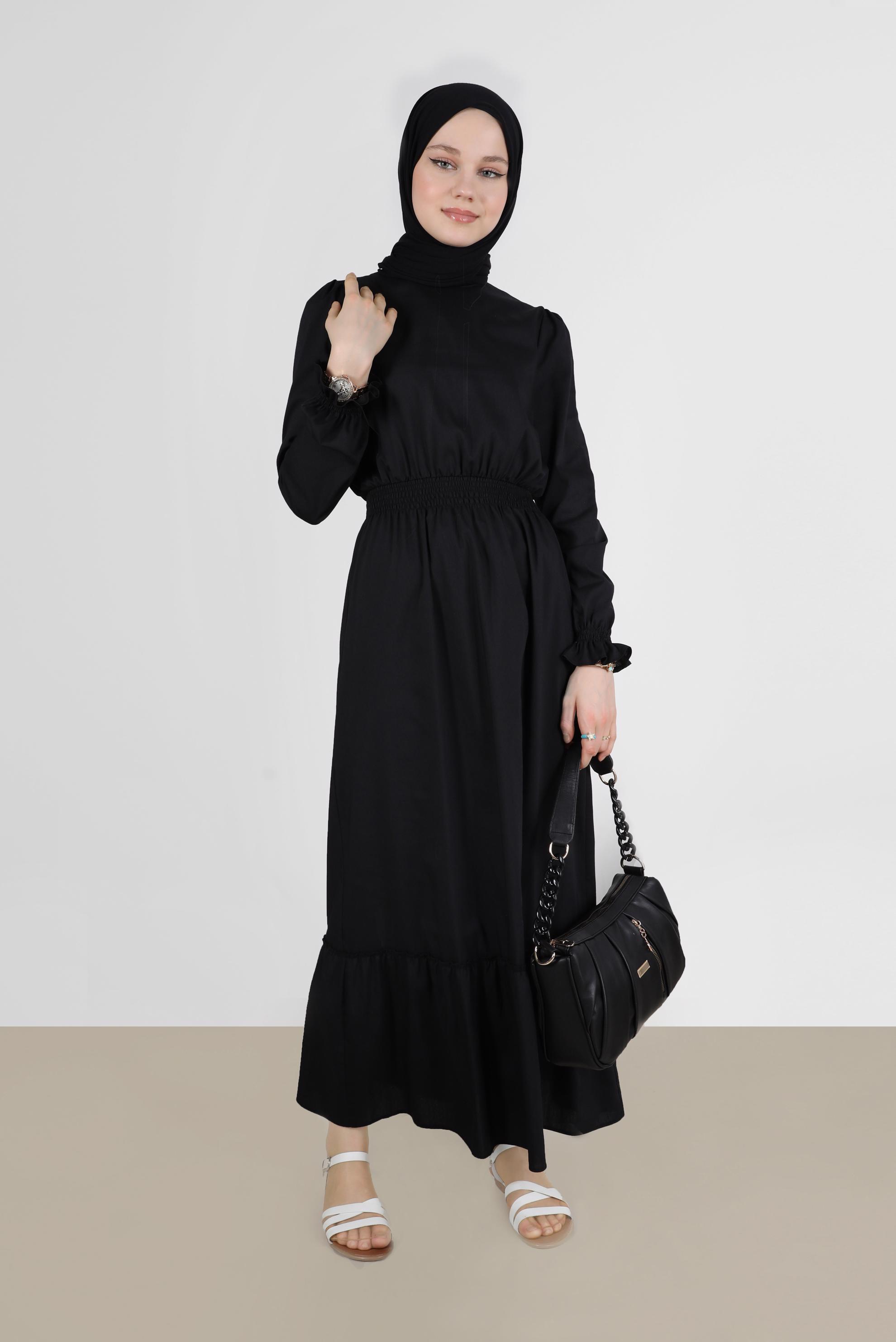 Tesettür giyim SİYAH BELİ VE MANŞETLERİ BÜZGÜLÜ PAMUKLU ELBİSE 42693 