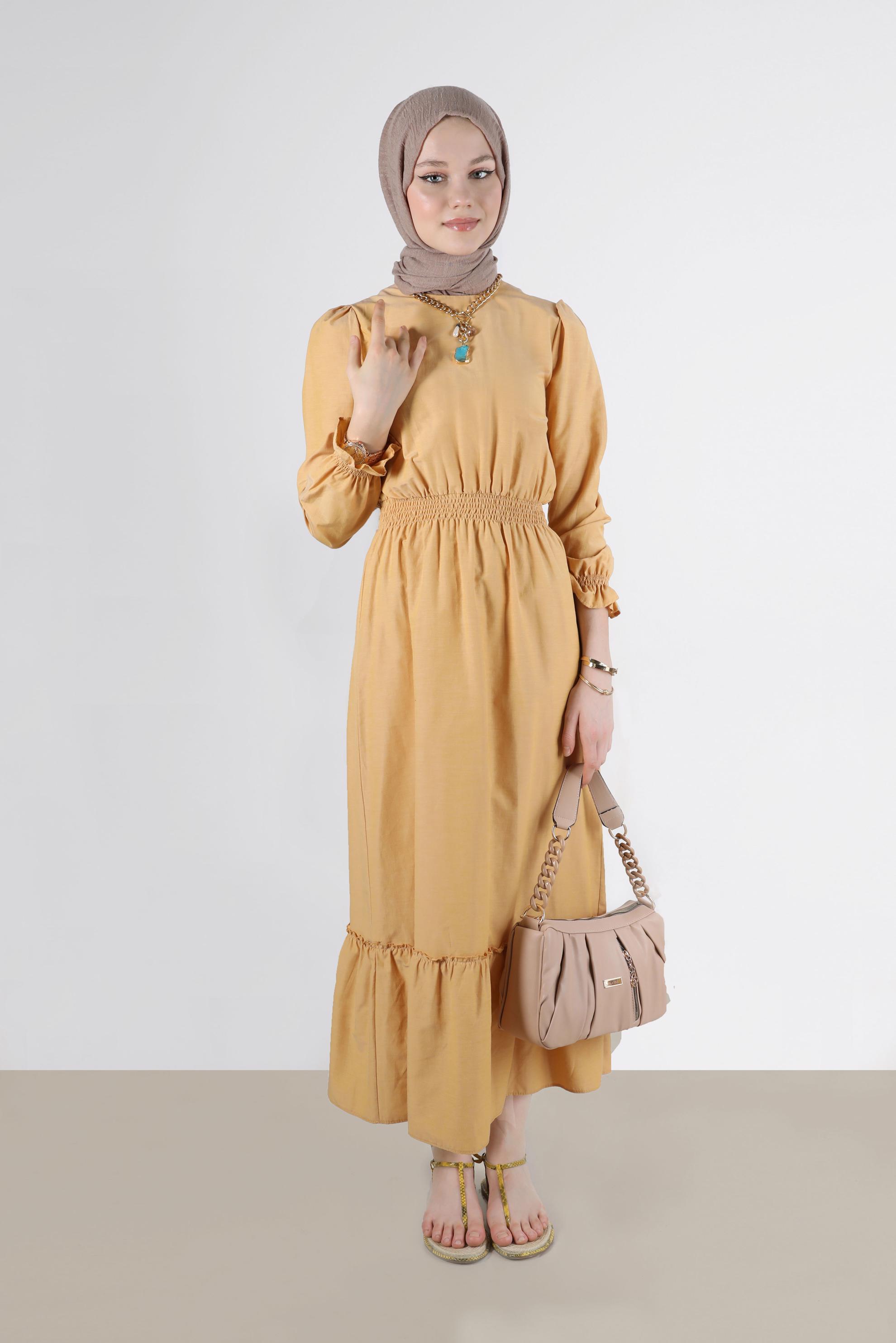 Tesettür giyim SARI BELİ VE MANŞETLERİ BÜZGÜLÜ PAMUKLU ELBİSE 42693 