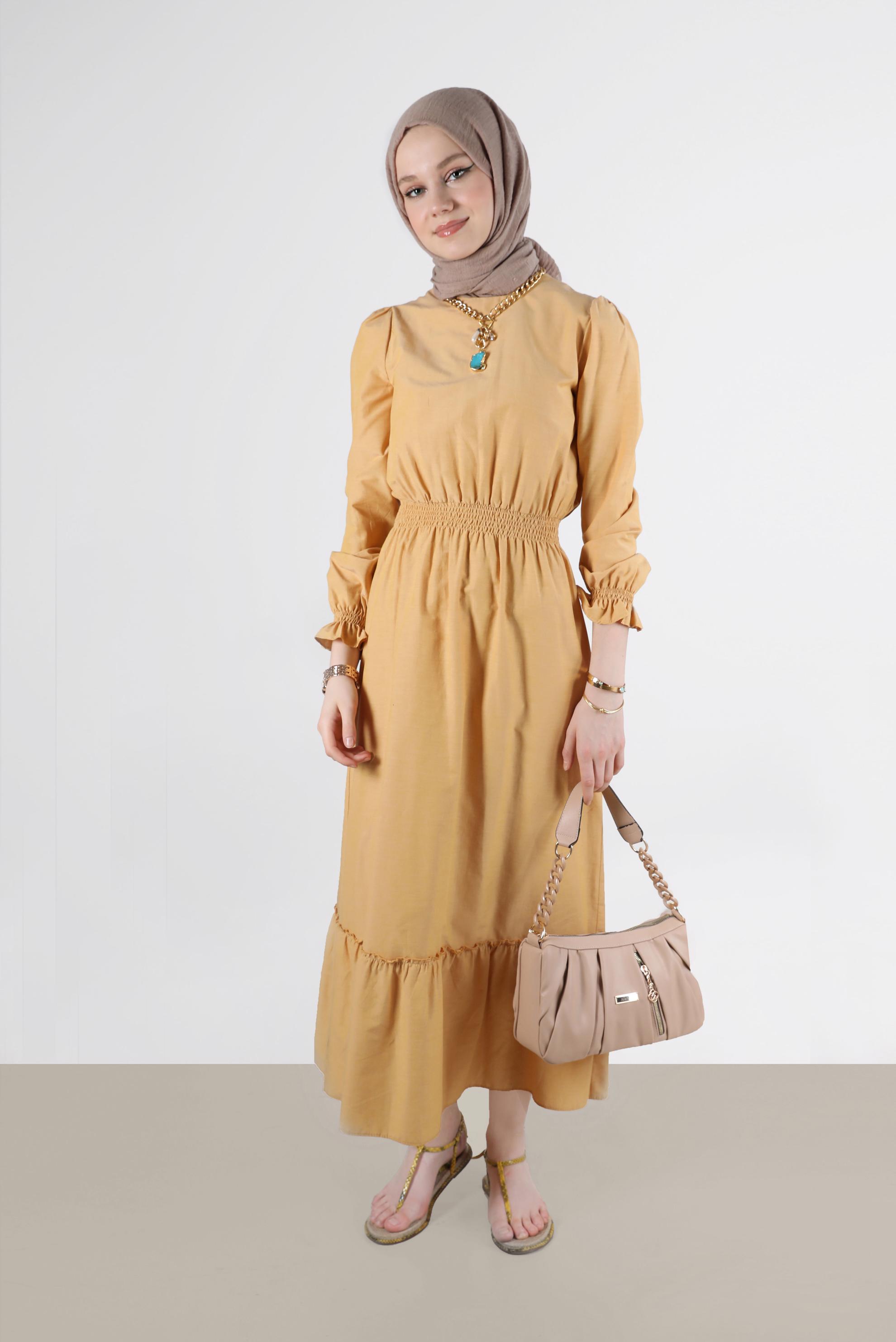 Tesettür giyim SARI BELİ VE MANŞETLERİ BÜZGÜLÜ PAMUKLU ELBİSE 42693 