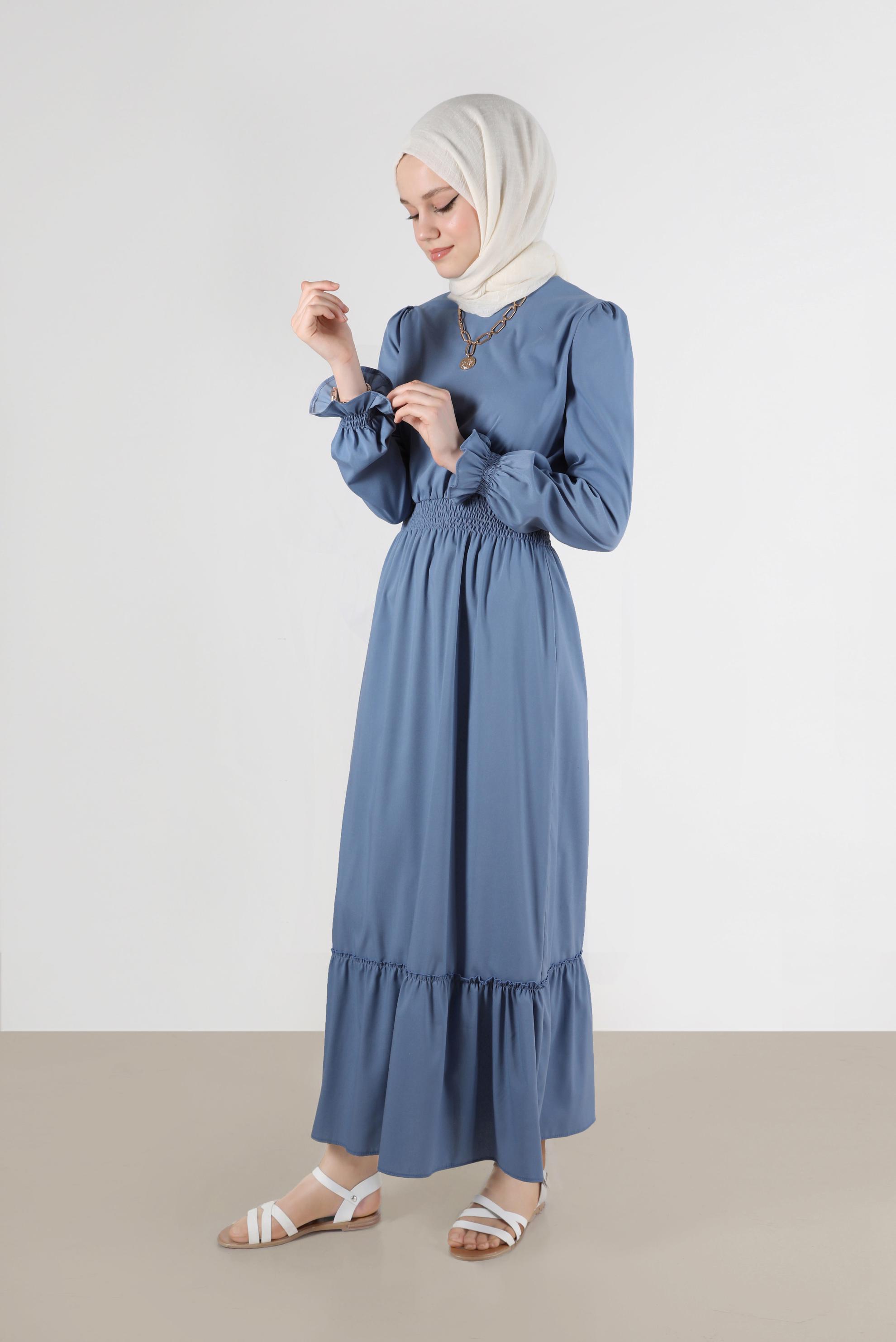 Tesettür giyim LACİVERT BELİ VE MANŞETLERİ BÜZGÜLÜ PAMUKLU ELBİSE 42693 