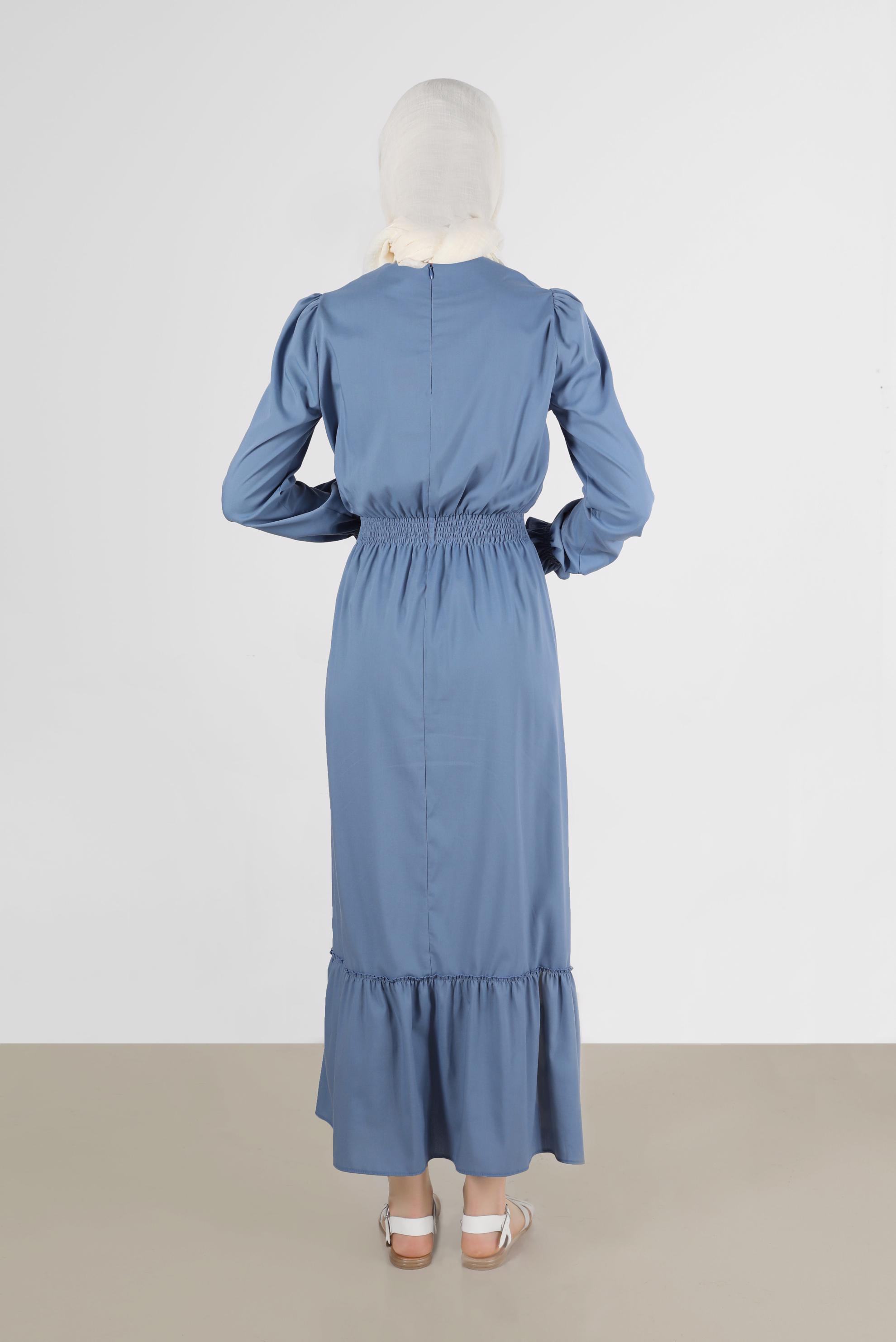 Tesettür giyim LACİVERT BELİ VE MANŞETLERİ BÜZGÜLÜ PAMUKLU ELBİSE 42693 