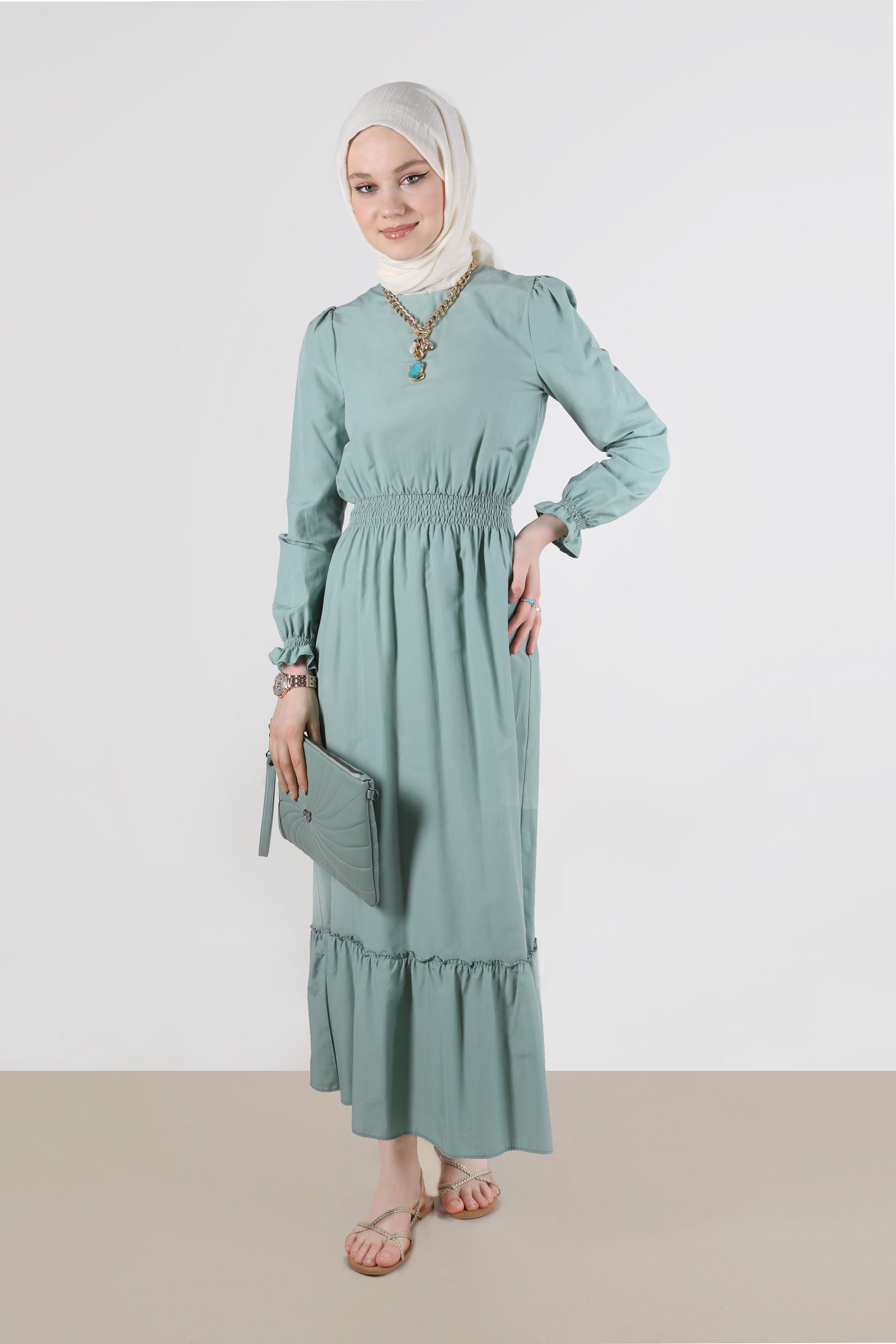 Tesettür giyim MAVİ BELİ VE MANŞETLERİ BÜZGÜLÜ PAMUKLU ELBİSE 42693 