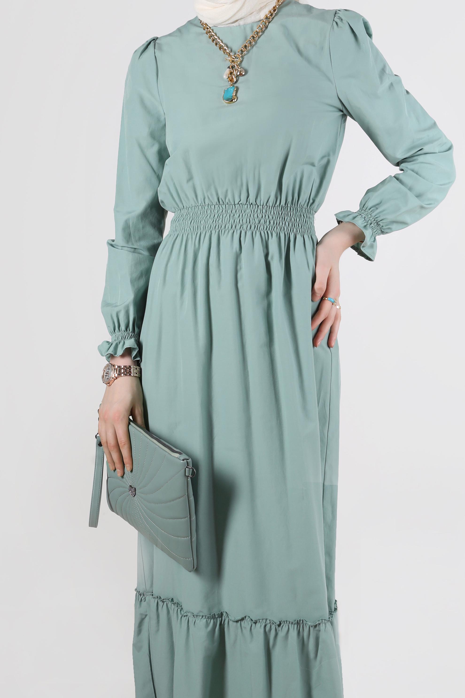 Tesettür giyim MAVİ BELİ VE MANŞETLERİ BÜZGÜLÜ PAMUKLU ELBİSE 42693 