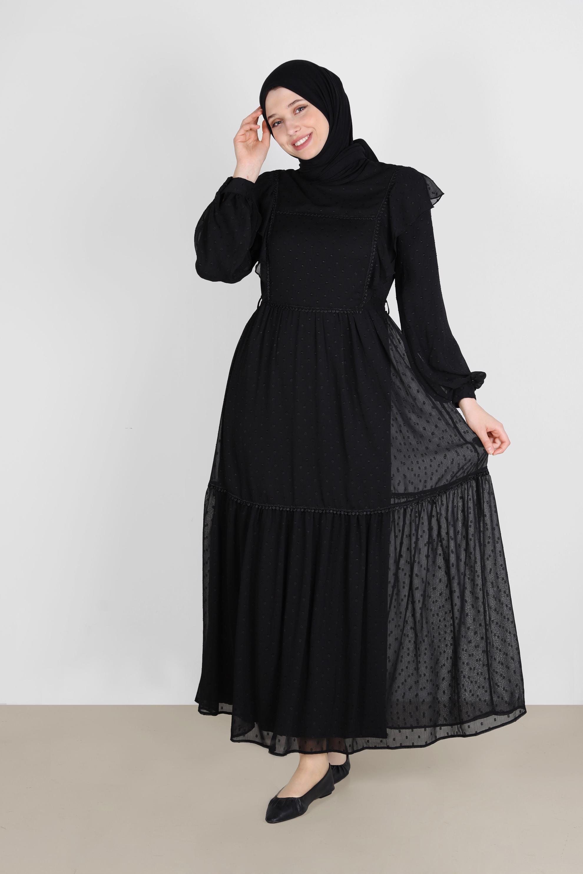 Tesettür giyim SİYAH VOLANLI PUANTİYELİ ŞİFON ELBİSE 42698 