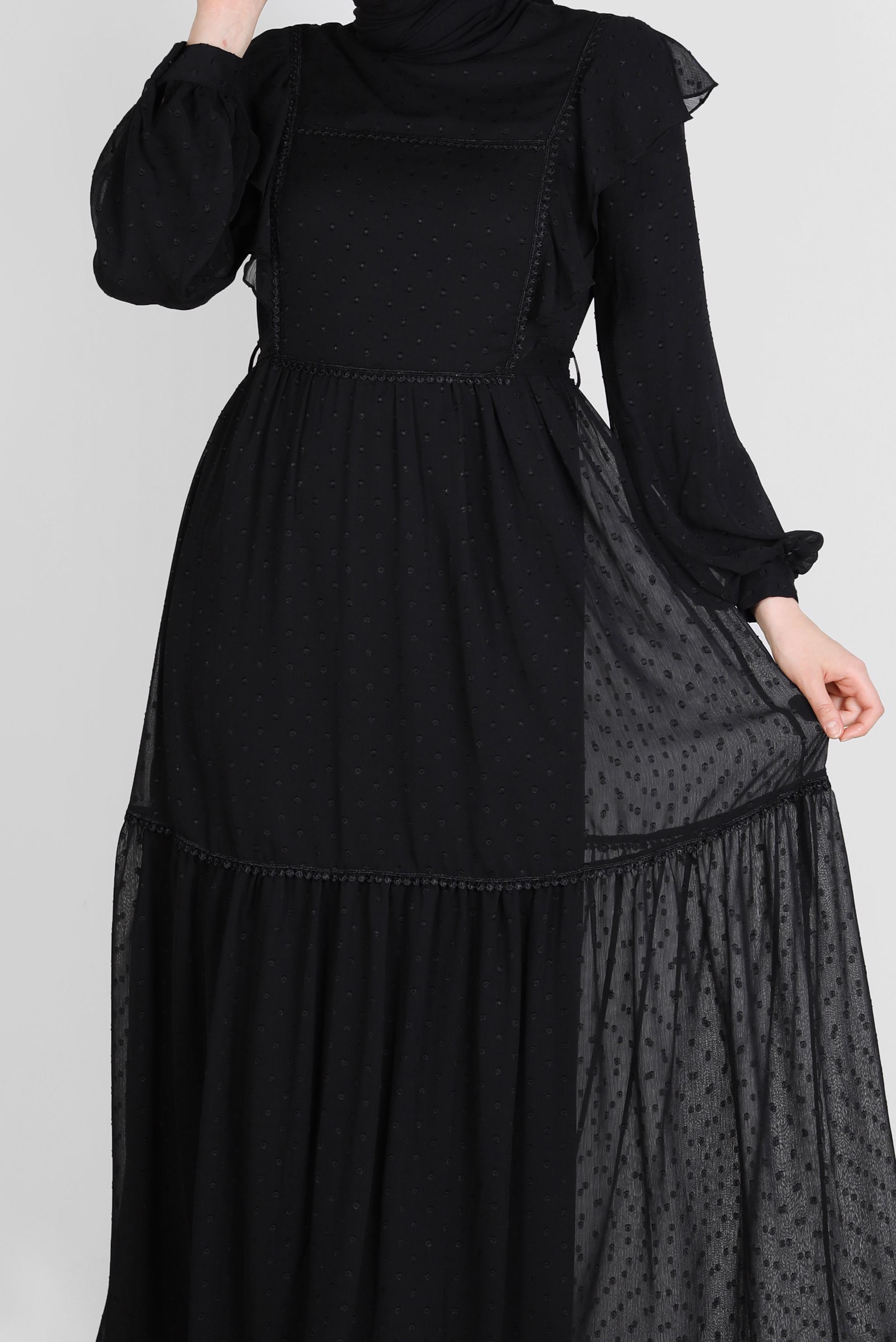 Tesettür giyim SİYAH VOLANLI PUANTİYELİ ŞİFON ELBİSE 42698 