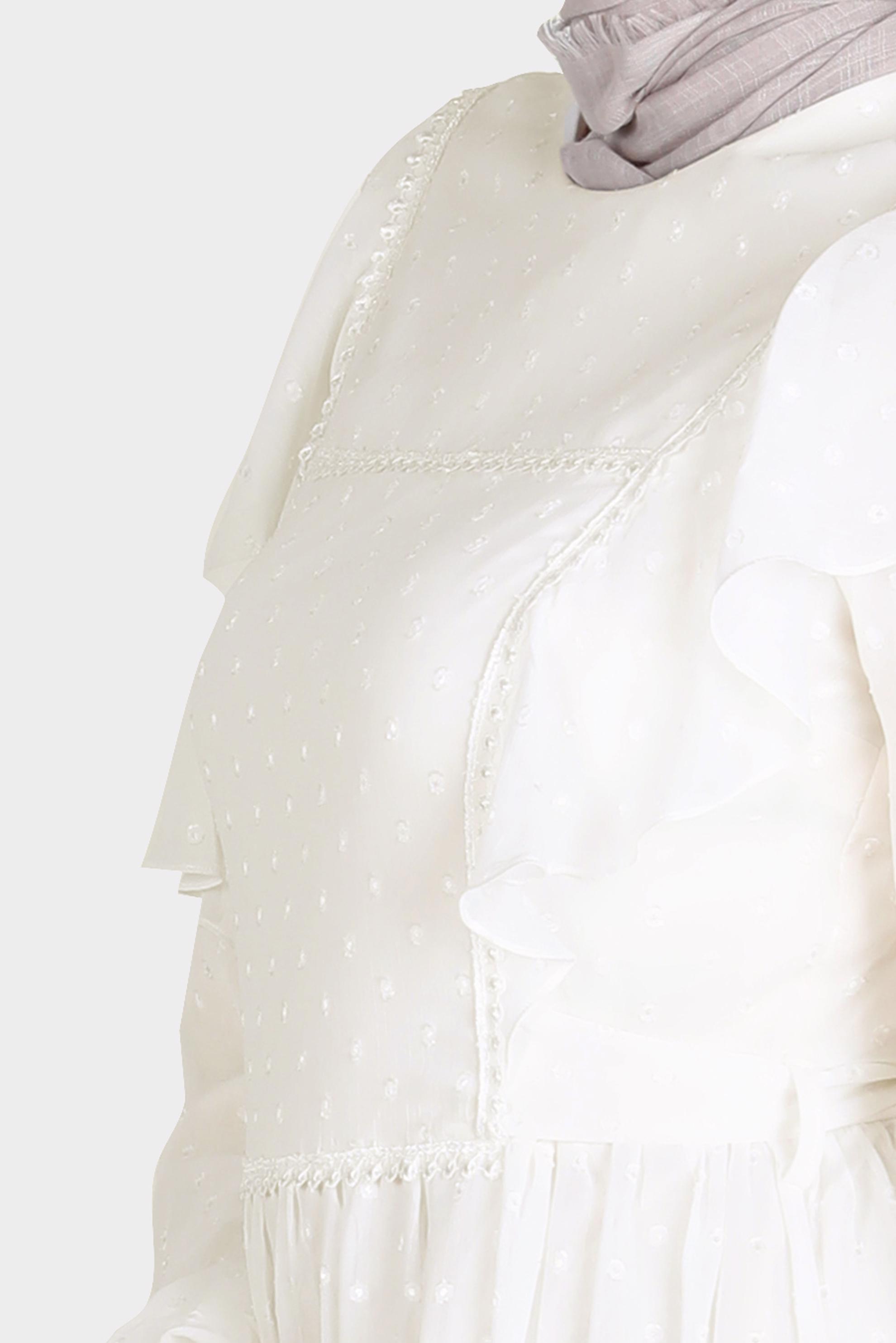 Tesettür giyim BEYAZ VOLANLI PUANTİYELİ ŞİFON ELBİSE 42698 