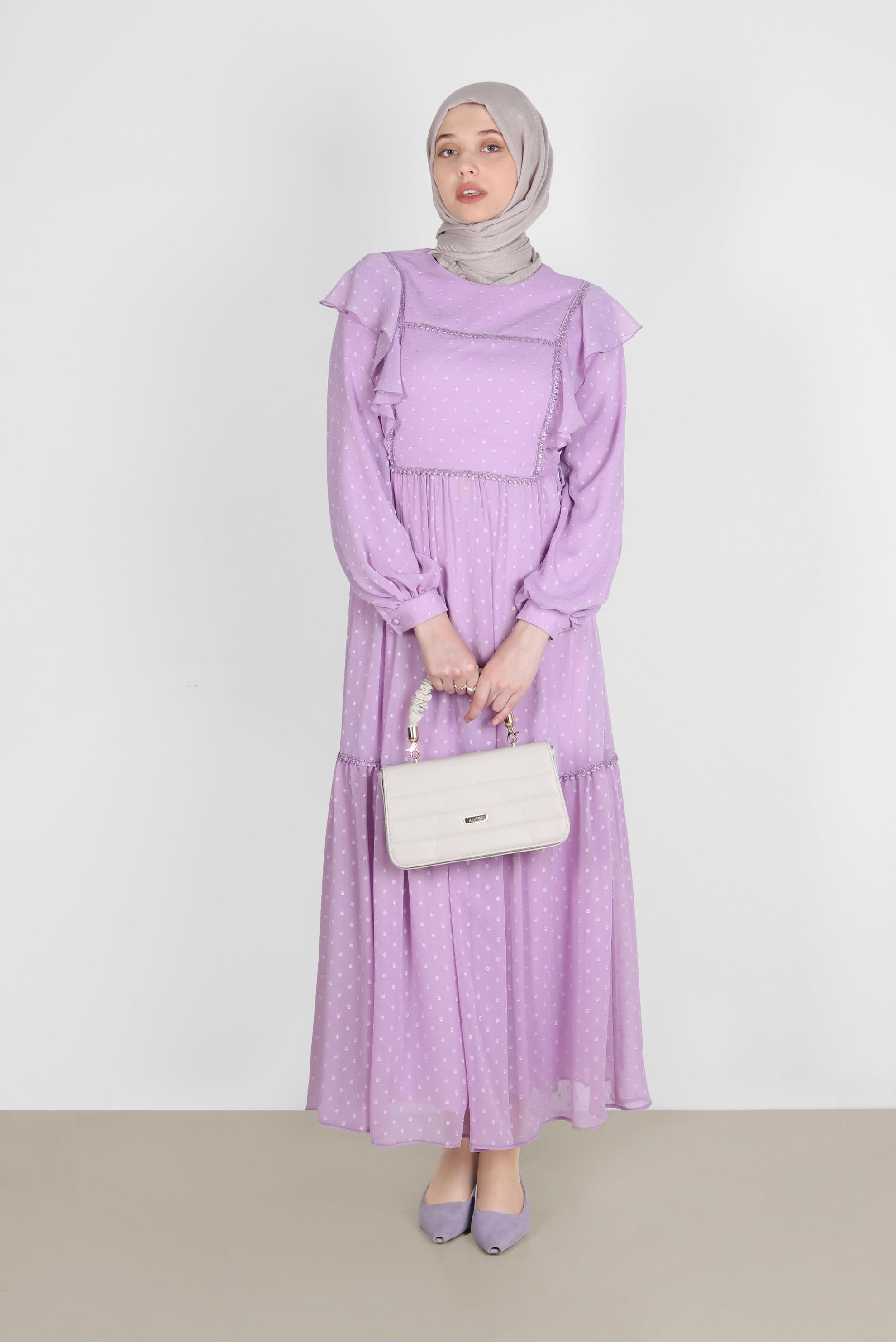 Tesettür giyim MOR VOLANLI PUANTİYELİ ŞİFON ELBİSE 42698 