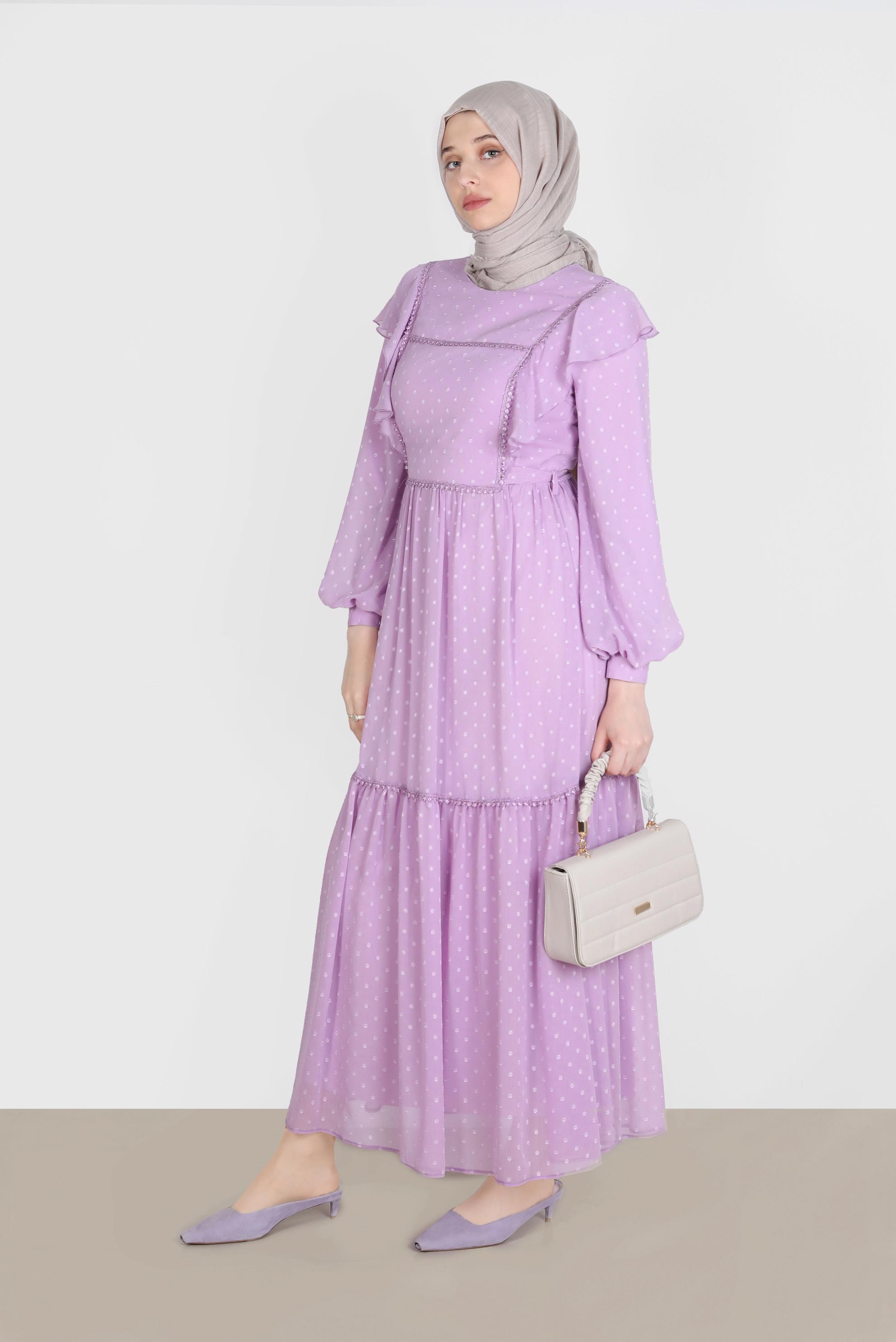 Tesettür giyim MOR VOLANLI PUANTİYELİ ŞİFON ELBİSE 42698 