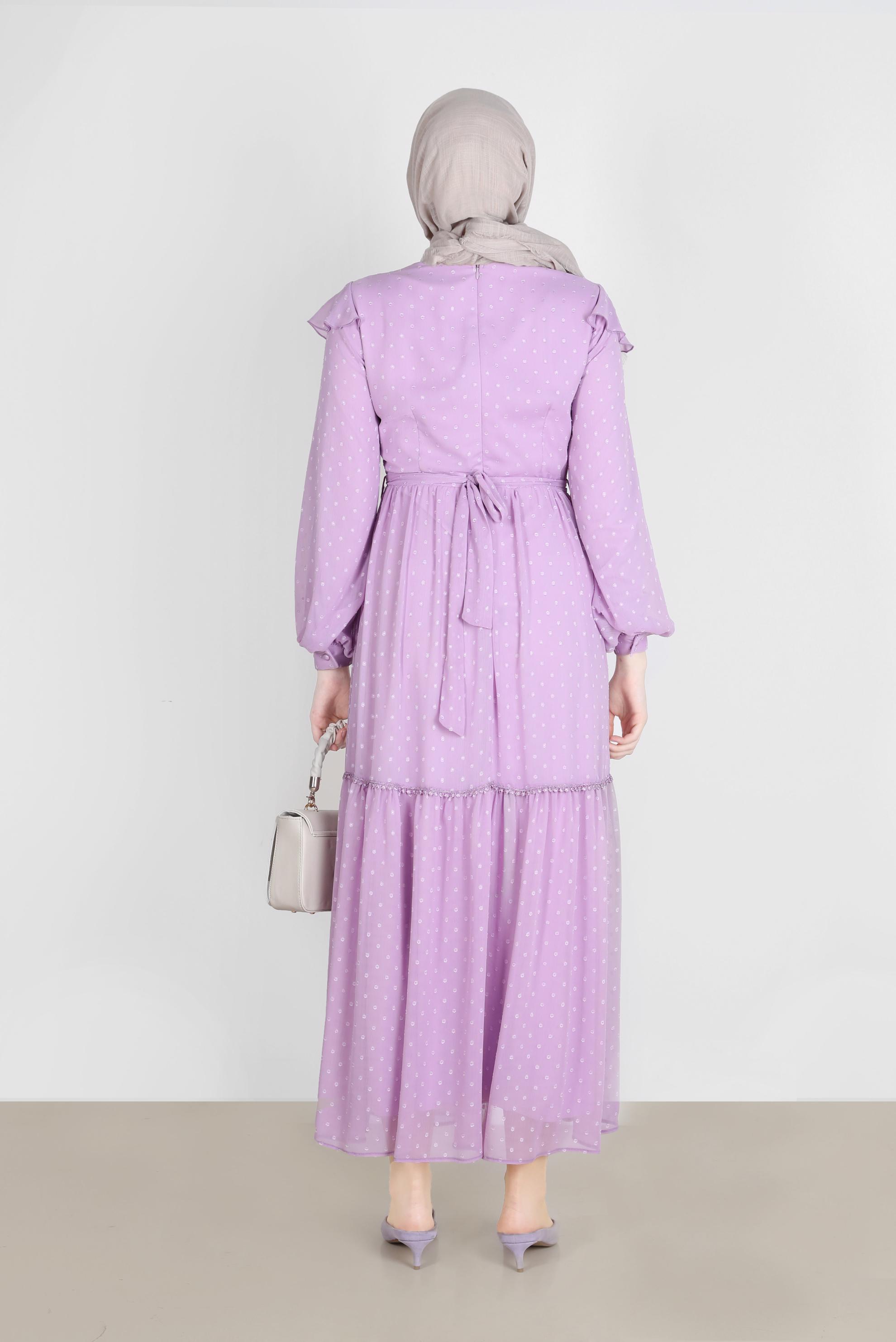 Tesettür giyim MOR VOLANLI PUANTİYELİ ŞİFON ELBİSE 42698 