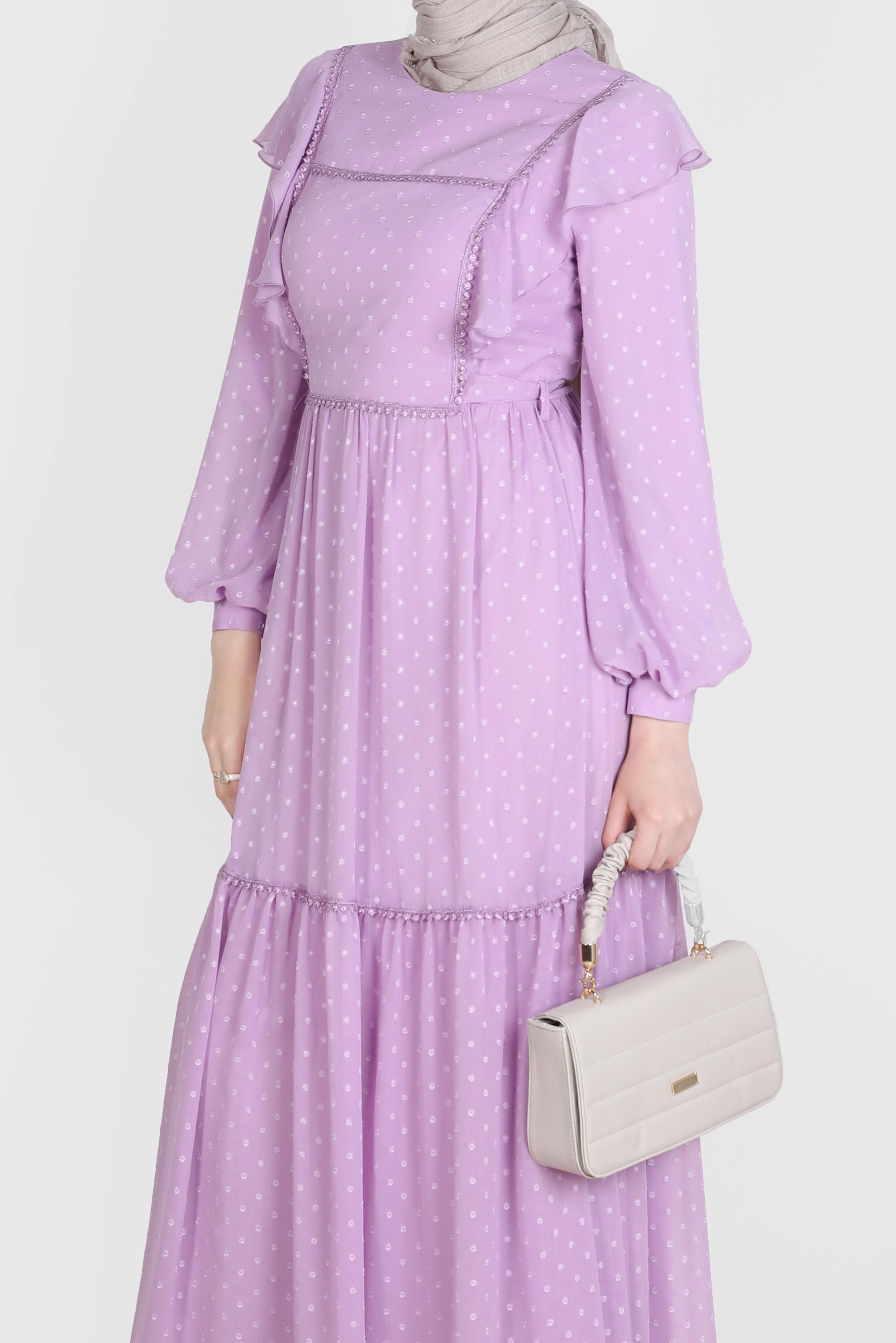 Tesettür giyim MOR VOLANLI PUANTİYELİ ŞİFON ELBİSE 42698 