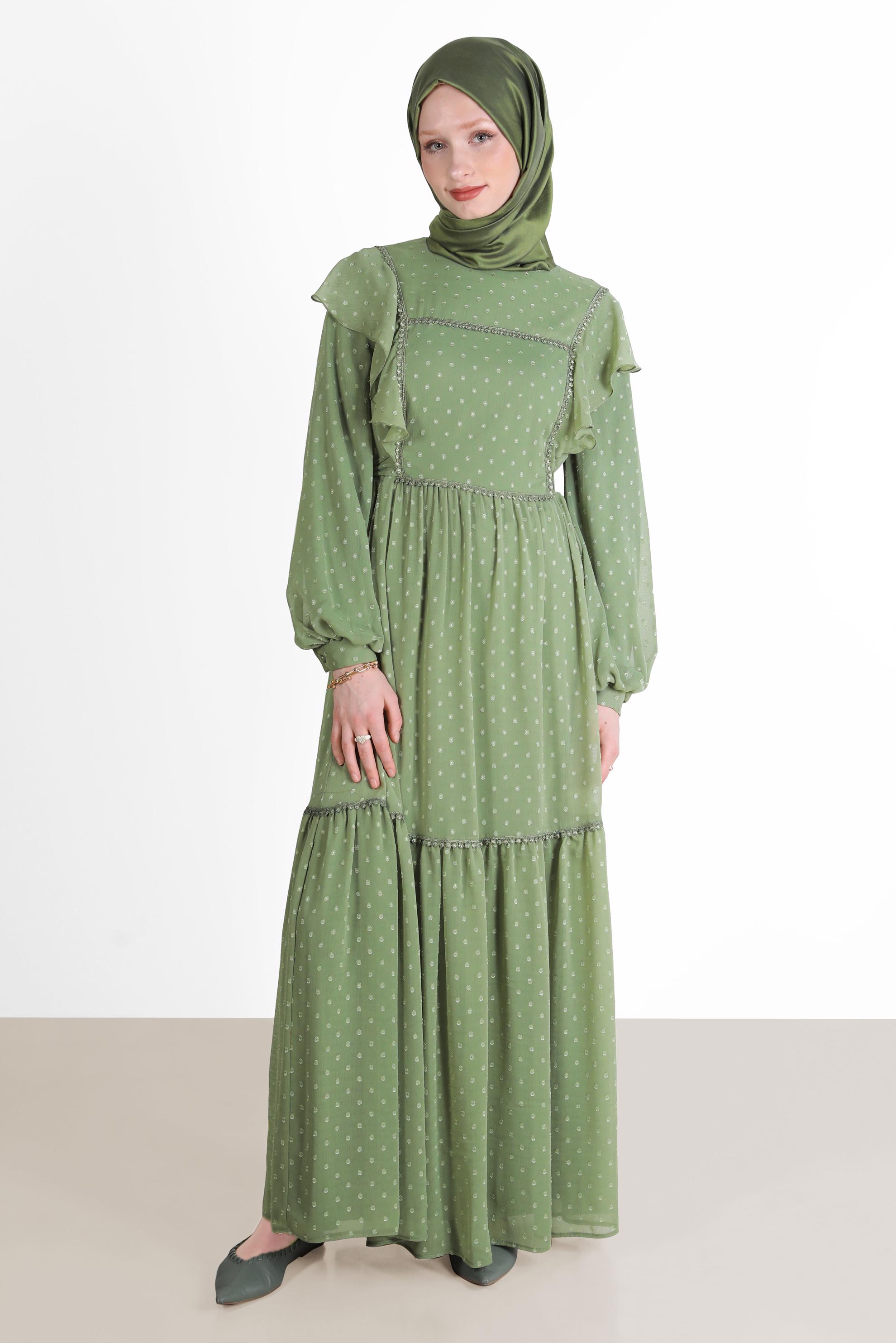 Tesettür giyim HAKİ VOLANLI PUANTİYELİ ŞİFON ELBİSE 42698 