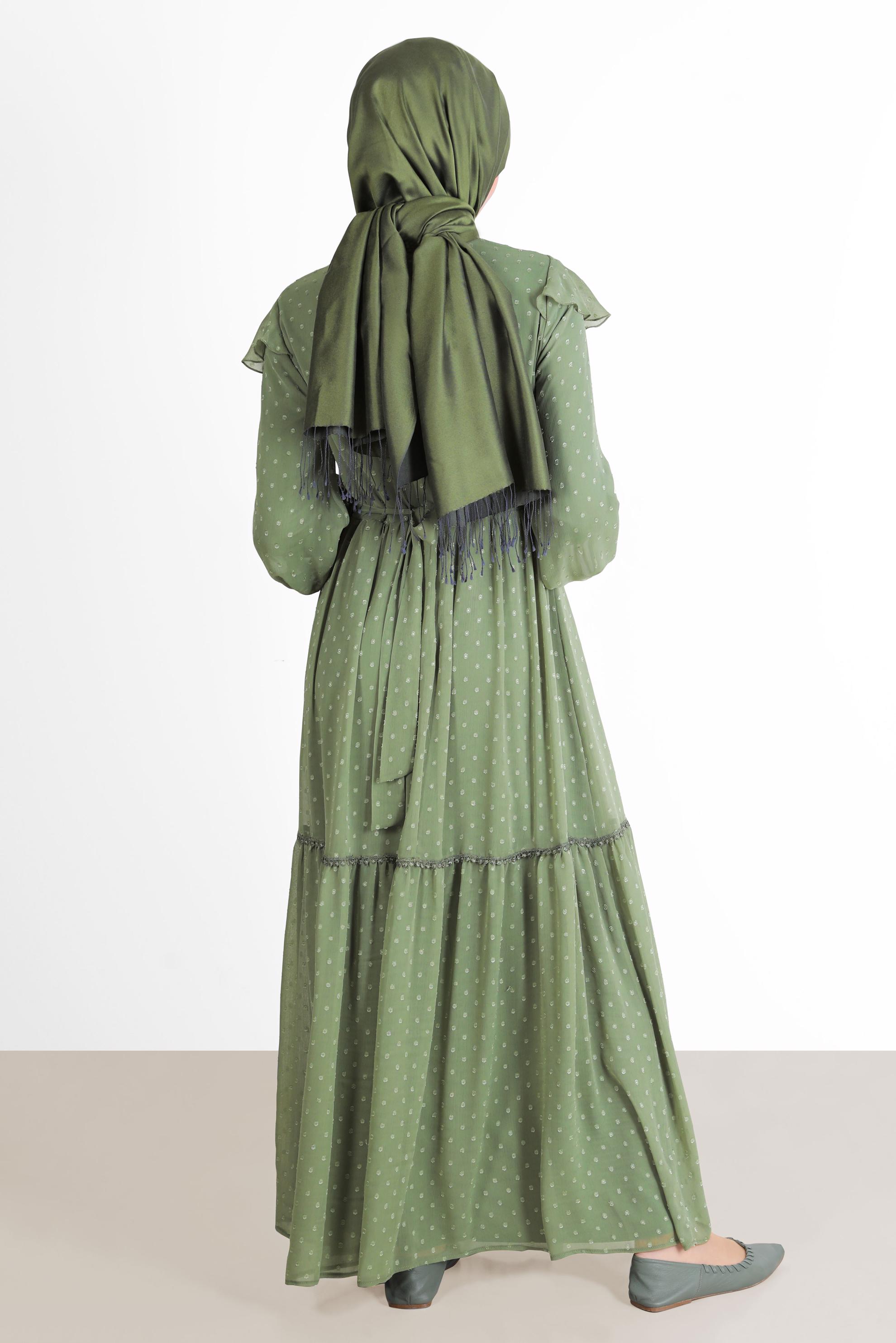 Tesettür giyim HAKİ VOLANLI PUANTİYELİ ŞİFON ELBİSE 42698 