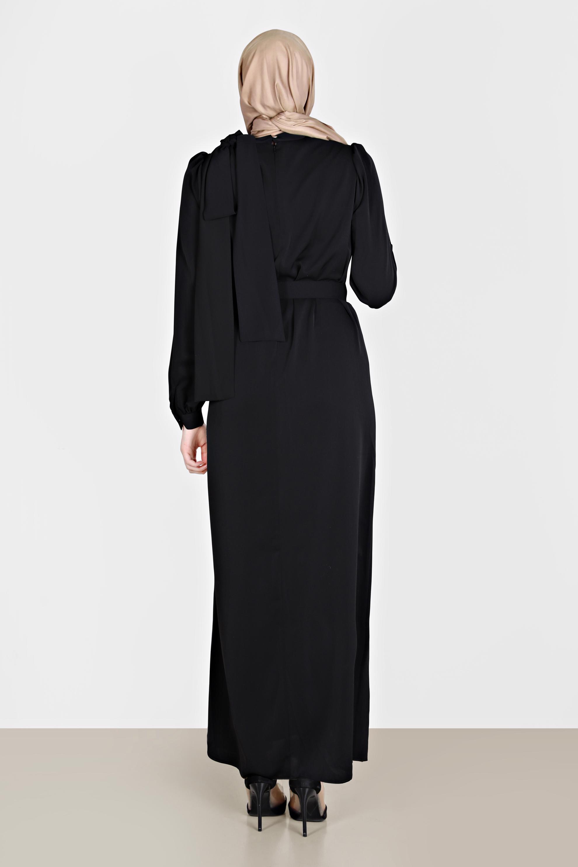 Tesettür giyim SİYAH KEMERLİ BAĞLAMA DETAYLI ELBİSE 42699	