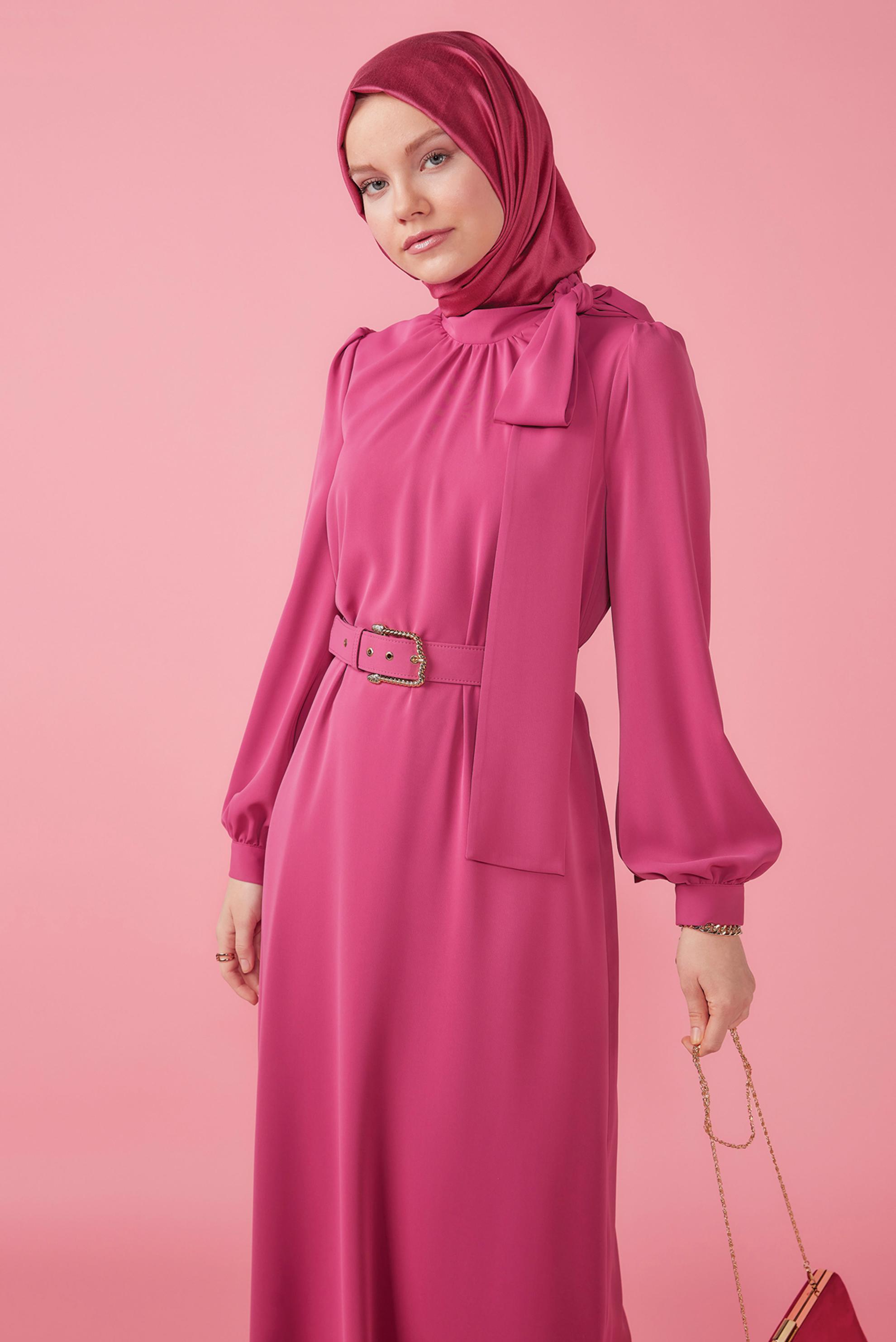 Tesettür giyim FUŞYA KEMERLİ BAĞLAMA DETAYLI ELBİSE 42699	