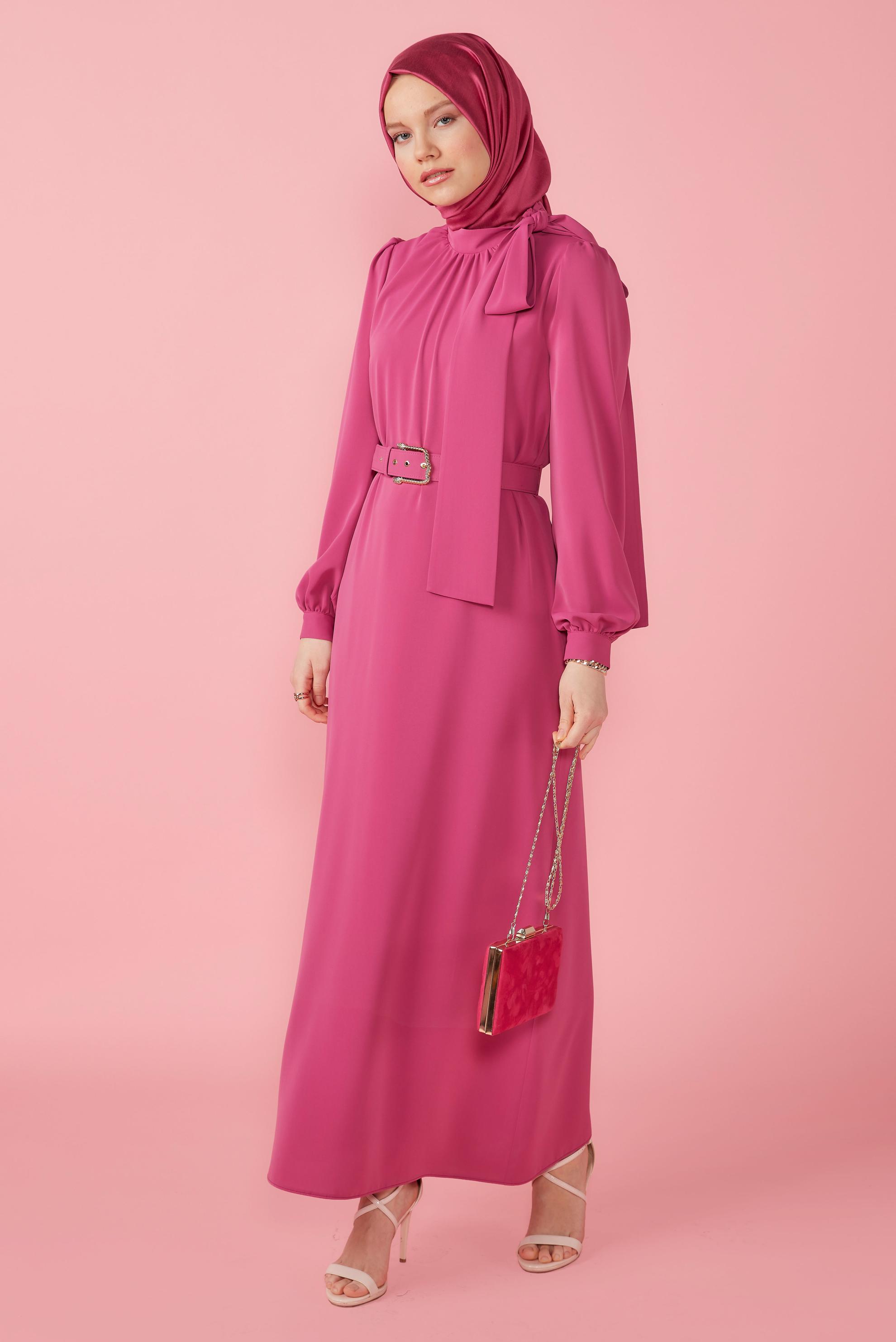 Tesettür giyim FUŞYA KEMERLİ BAĞLAMA DETAYLI ELBİSE 42699	