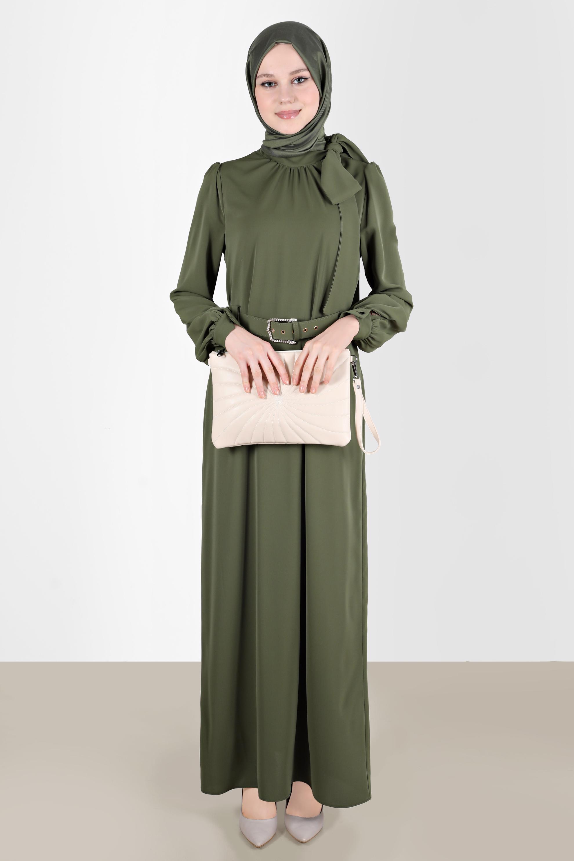 Tesettür giyim HAKİ KEMERLİ BAĞLAMA DETAYLI ELBİSE 42699	