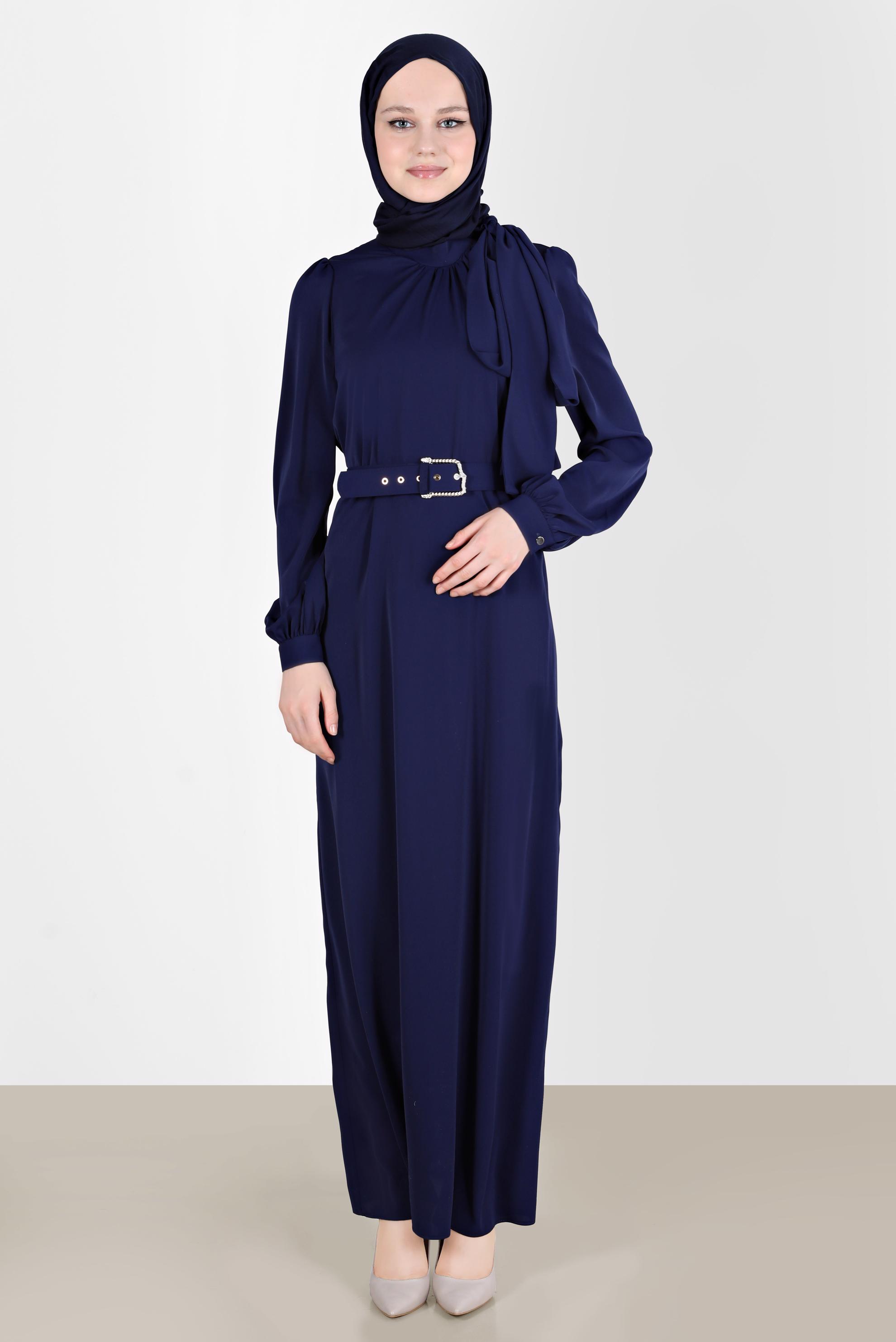 Tesettür giyim LACİVERT KEMERLİ BAĞLAMA DETAYLI ELBİSE 42699	