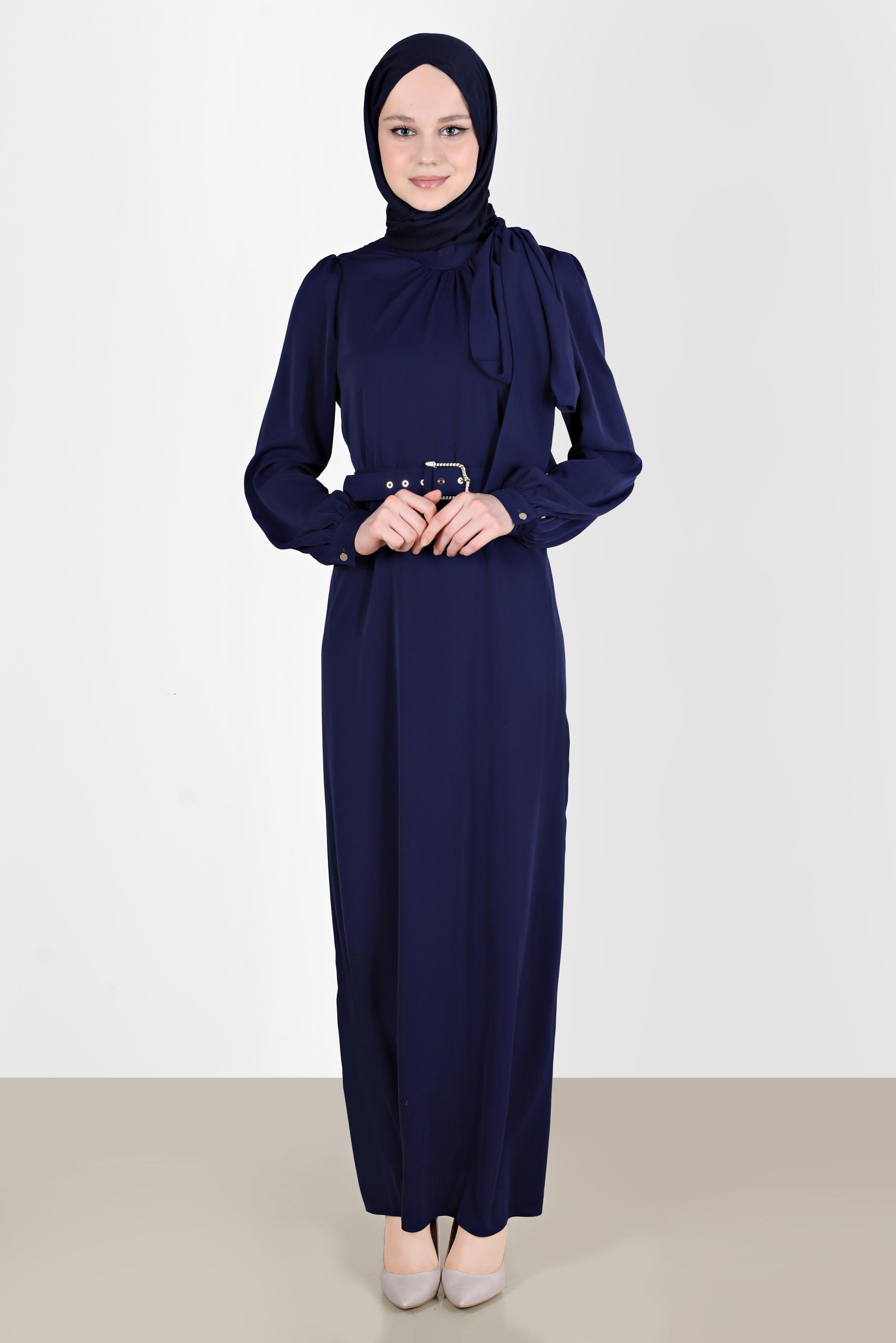 Tesettür giyim LACİVERT KEMERLİ BAĞLAMA DETAYLI ELBİSE 42699	