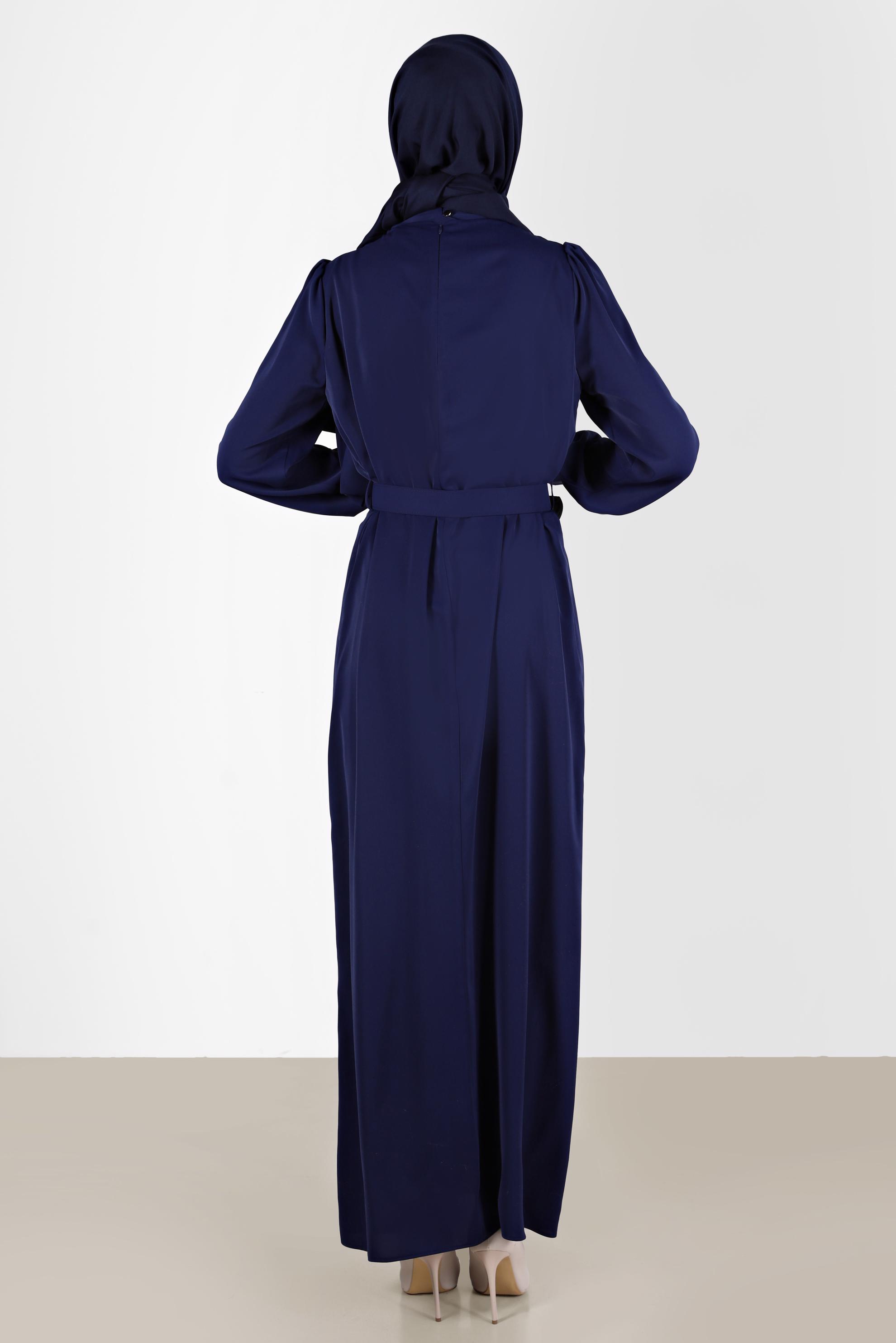 Tesettür giyim LACİVERT KEMERLİ BAĞLAMA DETAYLI ELBİSE 42699	