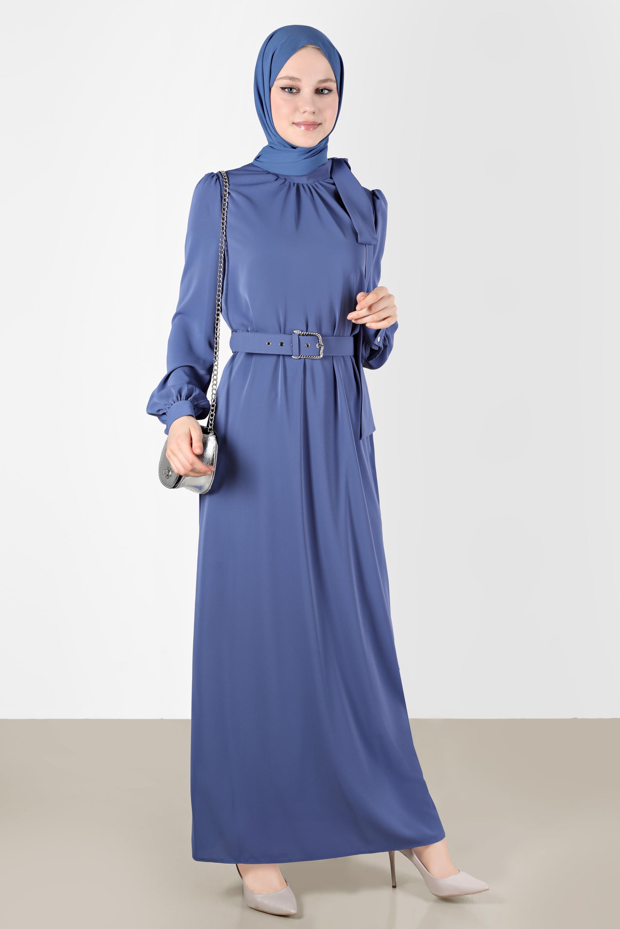 Tesettür giyim LACİVERT KEMERLİ BAĞLAMA DETAYLI ELBİSE 42699	