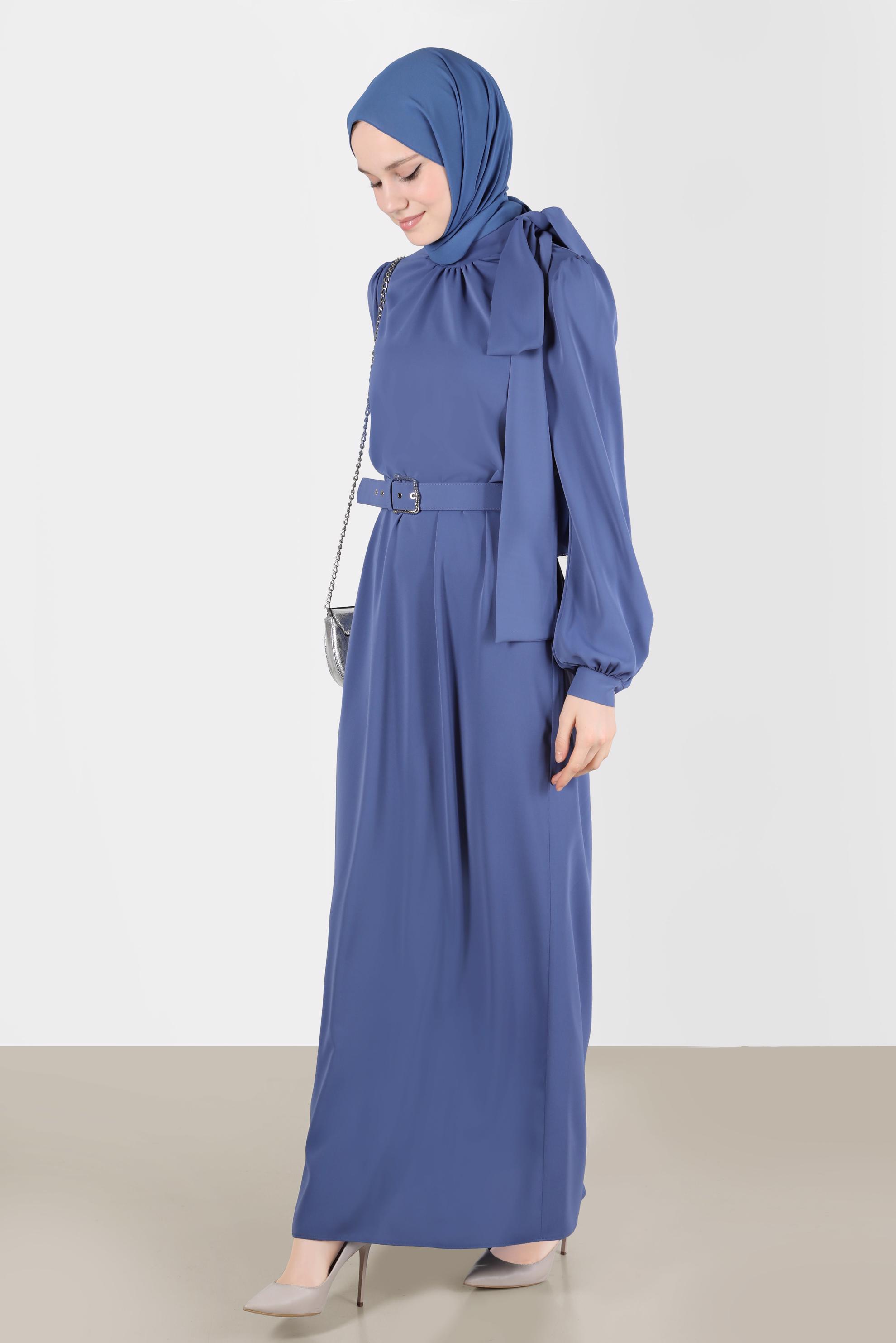 Tesettür giyim LACİVERT KEMERLİ BAĞLAMA DETAYLI ELBİSE 42699	
