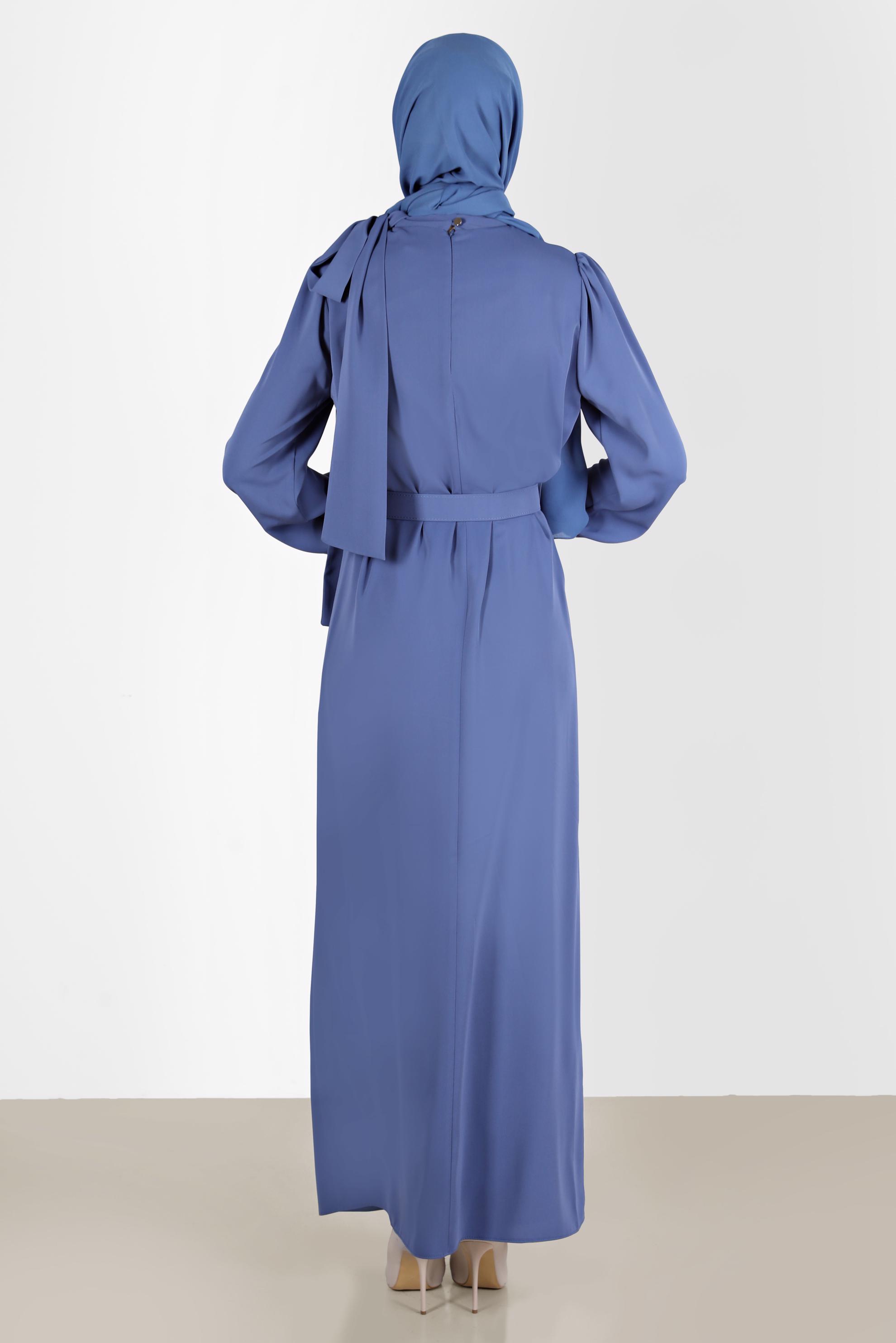 Tesettür giyim LACİVERT KEMERLİ BAĞLAMA DETAYLI ELBİSE 42699	