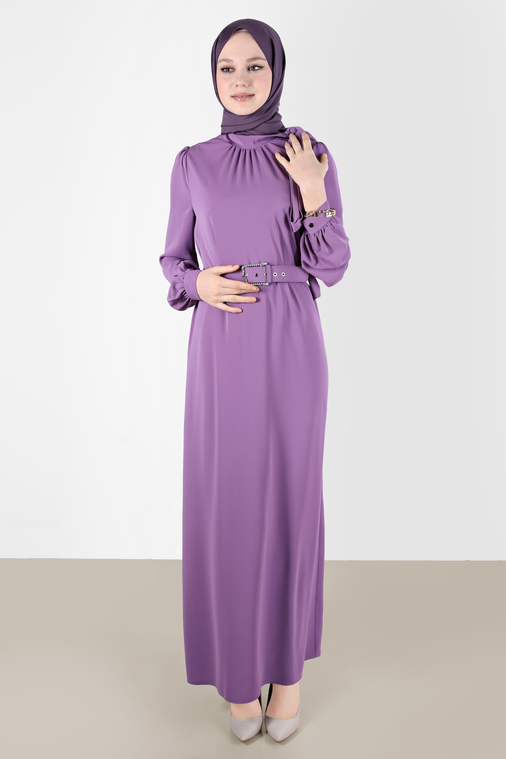 Tesettür giyim MOR KEMERLİ BAĞLAMA DETAYLI ELBİSE 42699	