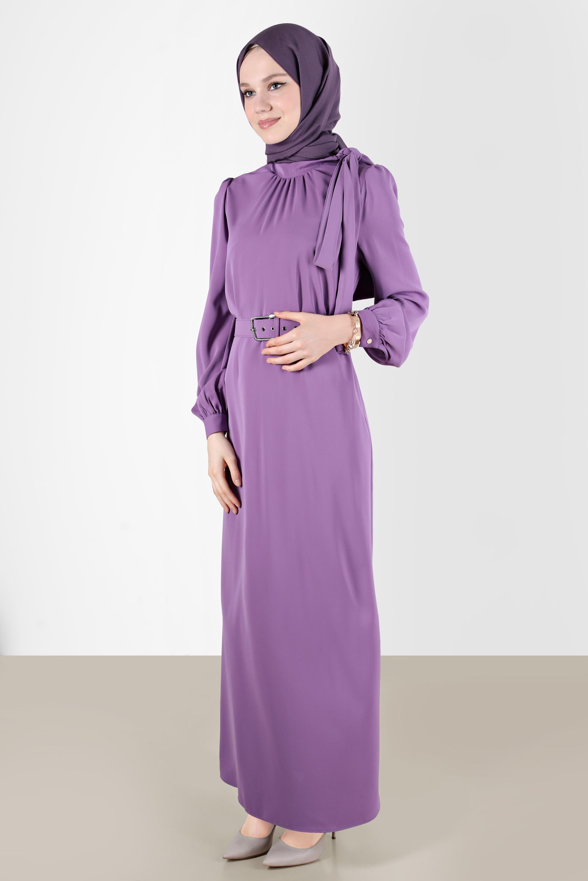Tesettür giyim MOR KEMERLİ BAĞLAMA DETAYLI ELBİSE 42699	