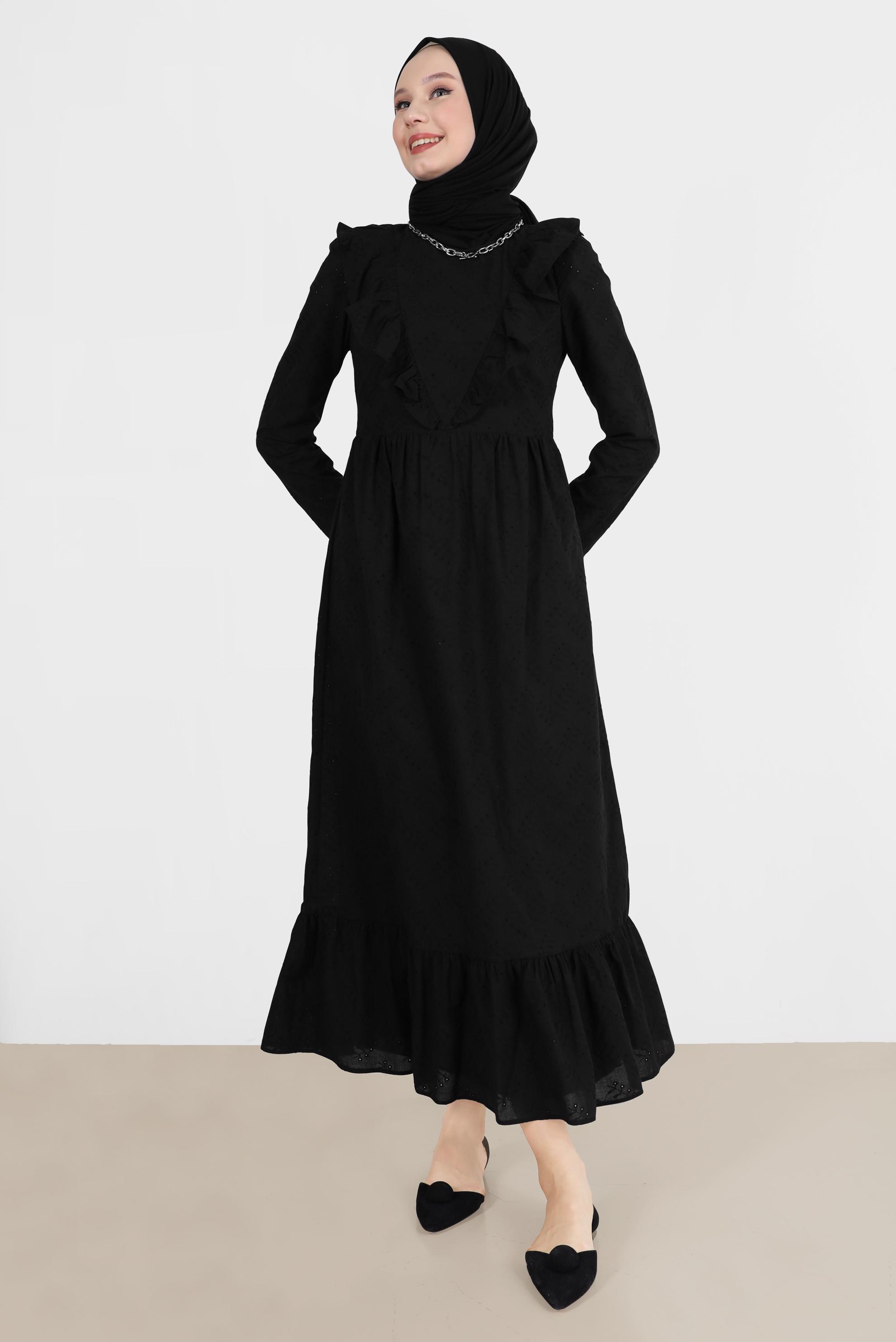 Tesettür giyim SİYAH FIRFIR DETAYLI FİSTOLU PAMUKLU ELBİSE 42708 