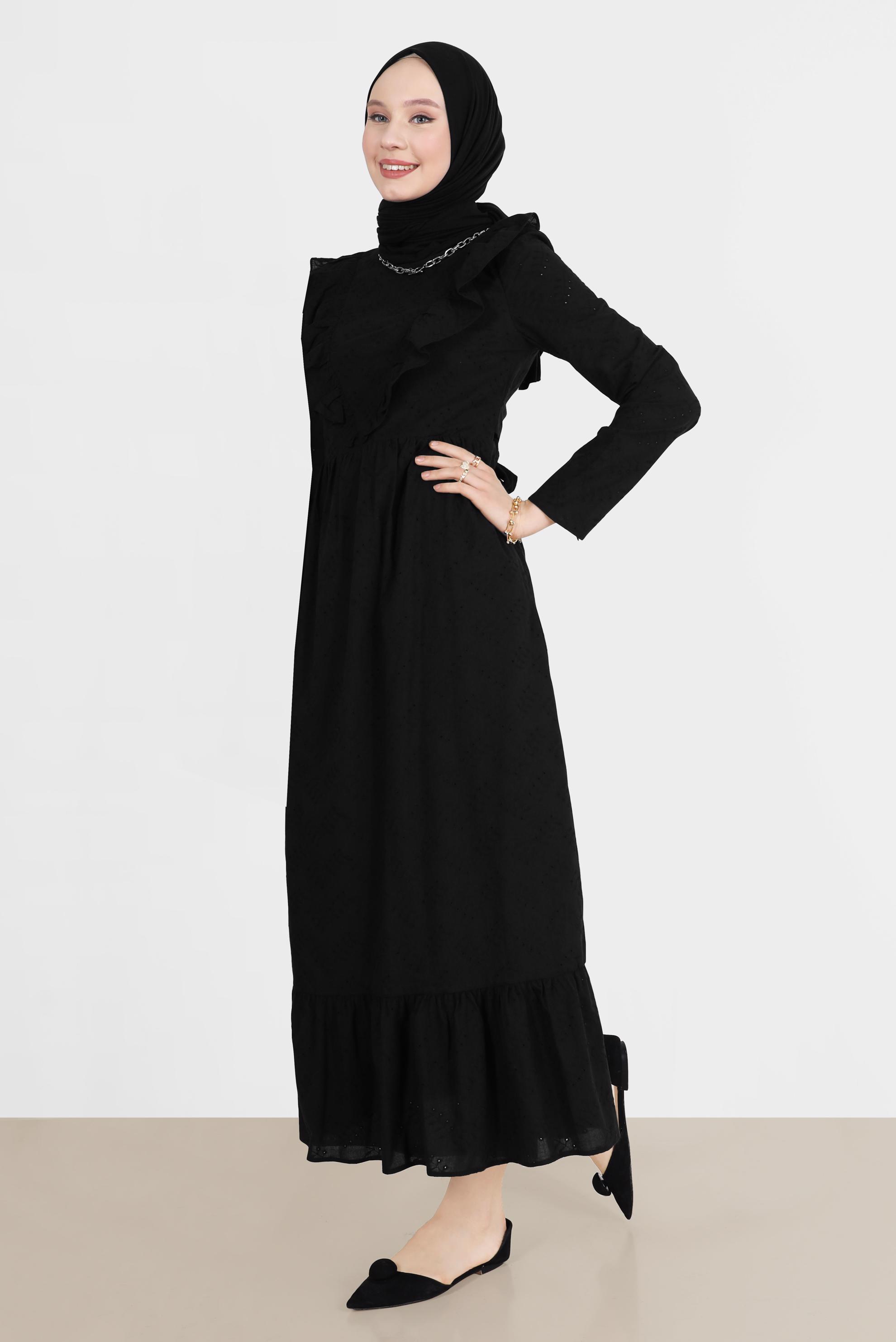 Tesettür giyim SİYAH FIRFIR DETAYLI FİSTOLU PAMUKLU ELBİSE 42708 