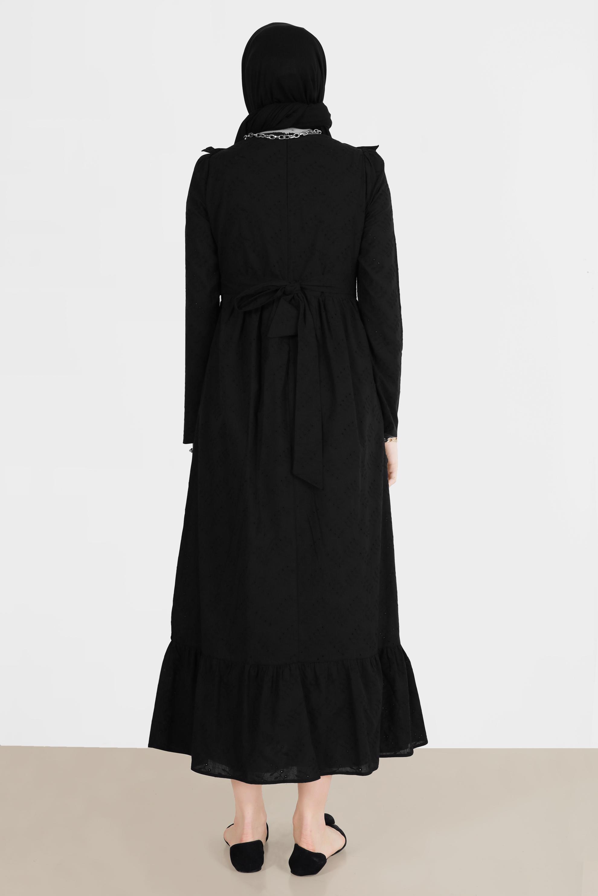 Tesettür giyim SİYAH FIRFIR DETAYLI FİSTOLU PAMUKLU ELBİSE 42708 