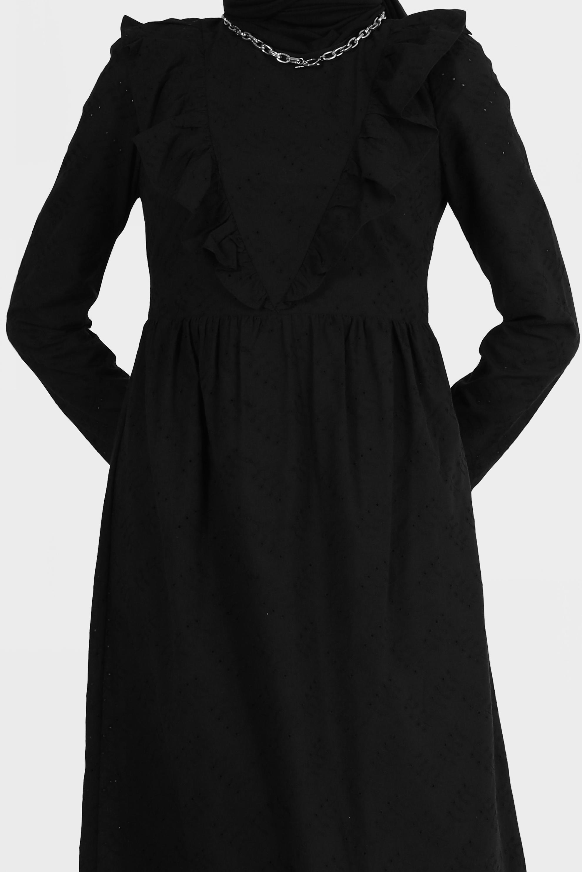 Tesettür giyim SİYAH FIRFIR DETAYLI FİSTOLU PAMUKLU ELBİSE 42708 