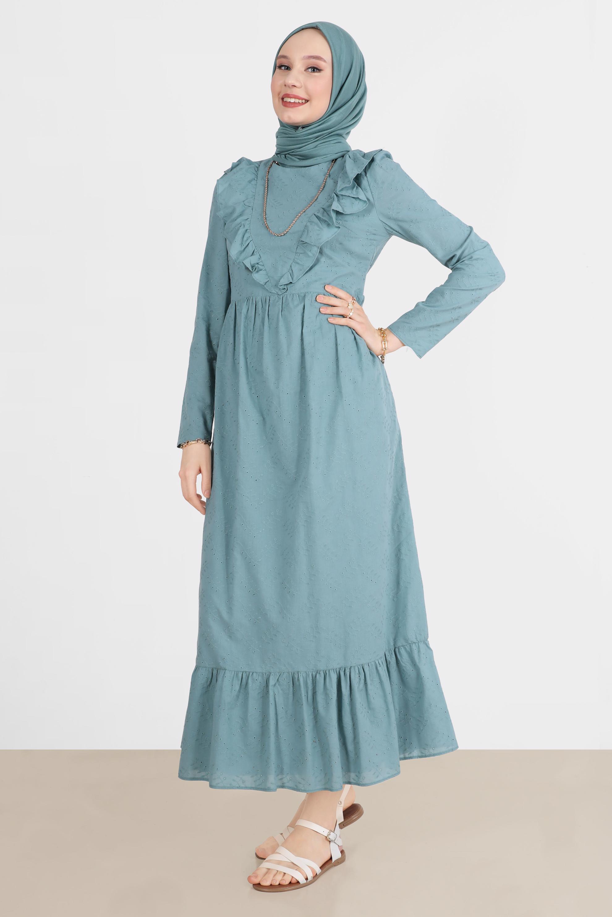 Tesettür giyim MAVİ FIRFIR DETAYLI FİSTOLU PAMUKLU ELBİSE 42708 